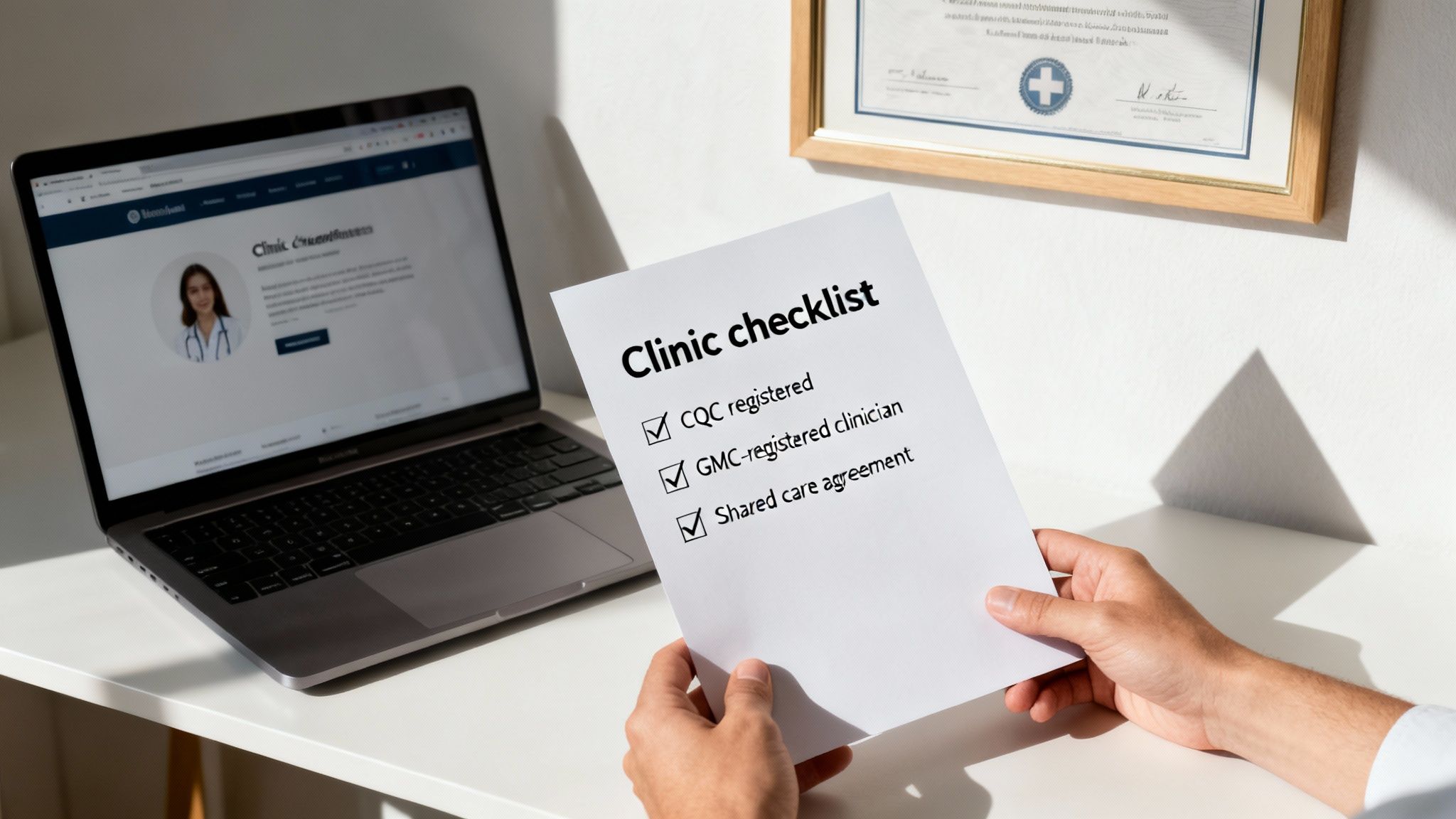 A person holds a checklist for a clinic with 'CQC registered' and 'GMC-registered clinician' checked, alongside a laptop.