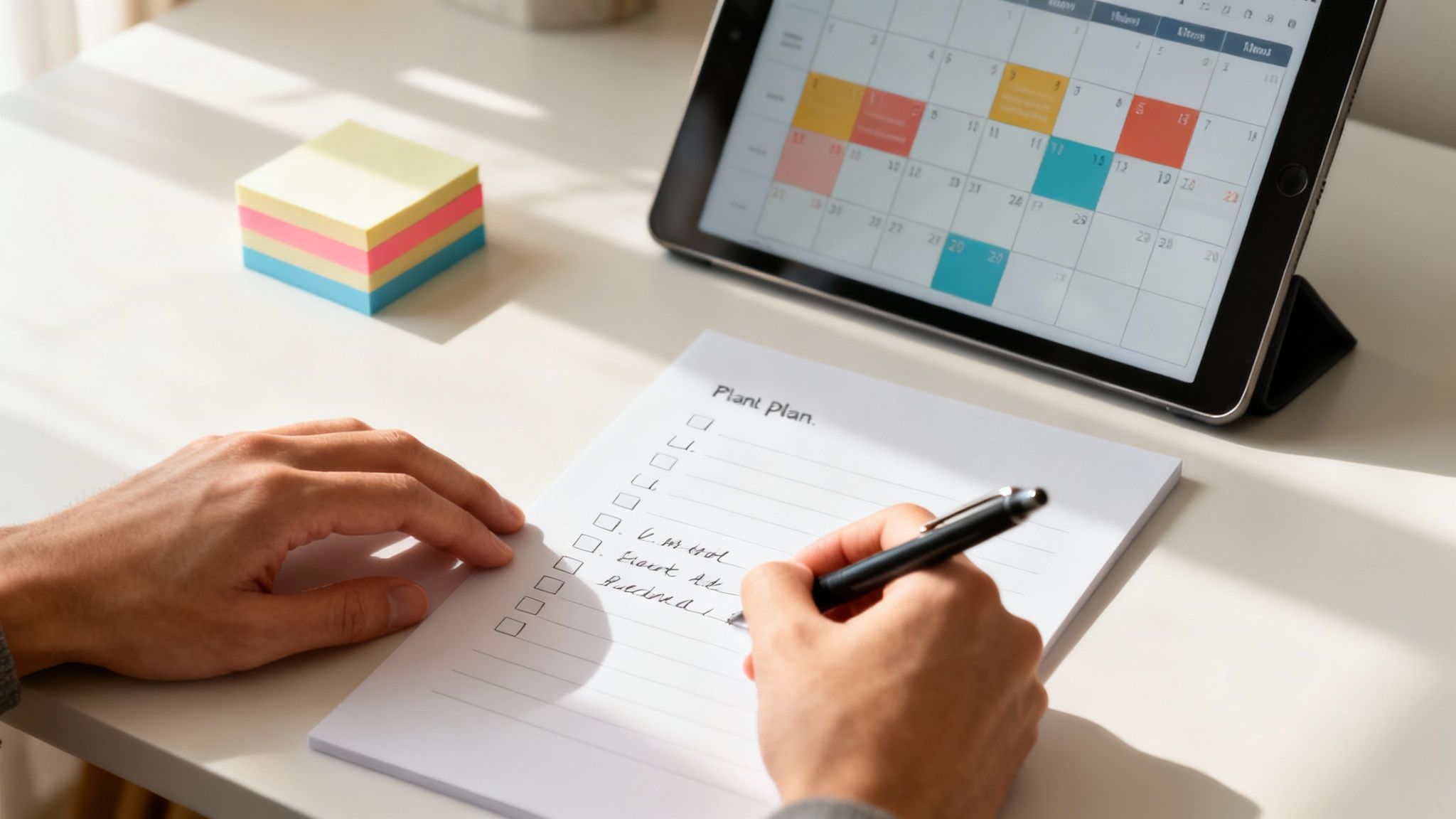 Person writing a 'Plant Plan' checklist on a notepad at a desk with a tablet calendar and sticky notes.