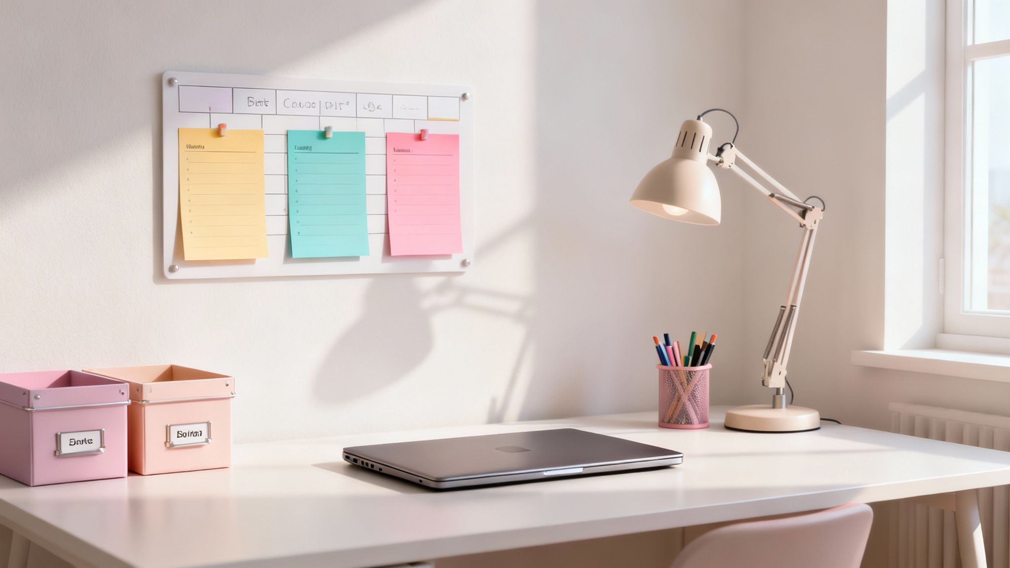 A bright, organized home office desk with a laptop, lamp, colorful notes, and storage boxes.