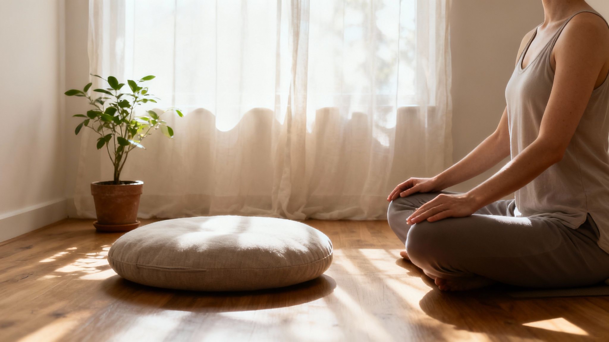 A person in lotus pose meditating on the floor with a cushion and plant by a sunny window.