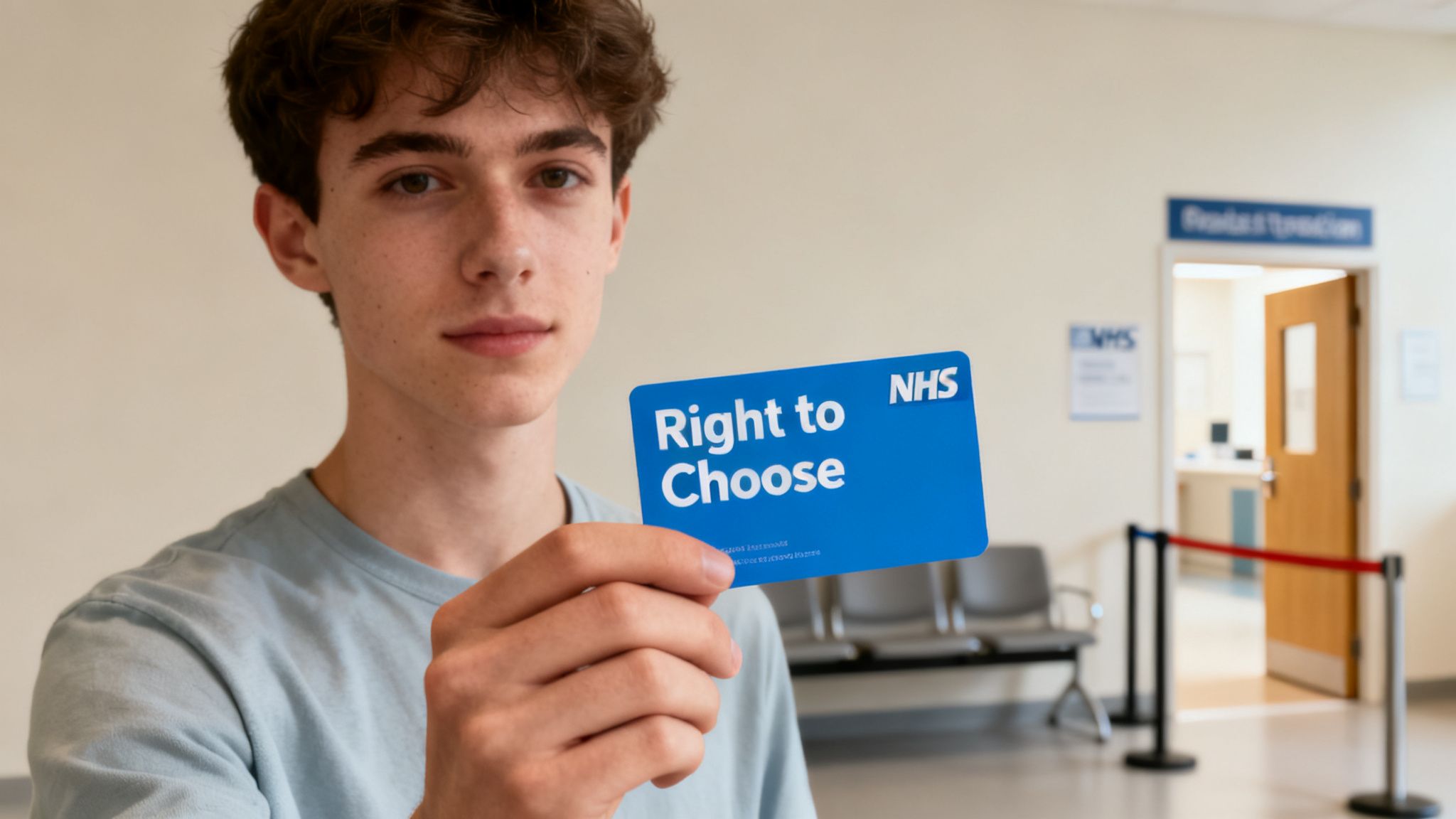 A young man holds up a blue NHS 'Right to Choose' card in a clinic setting.