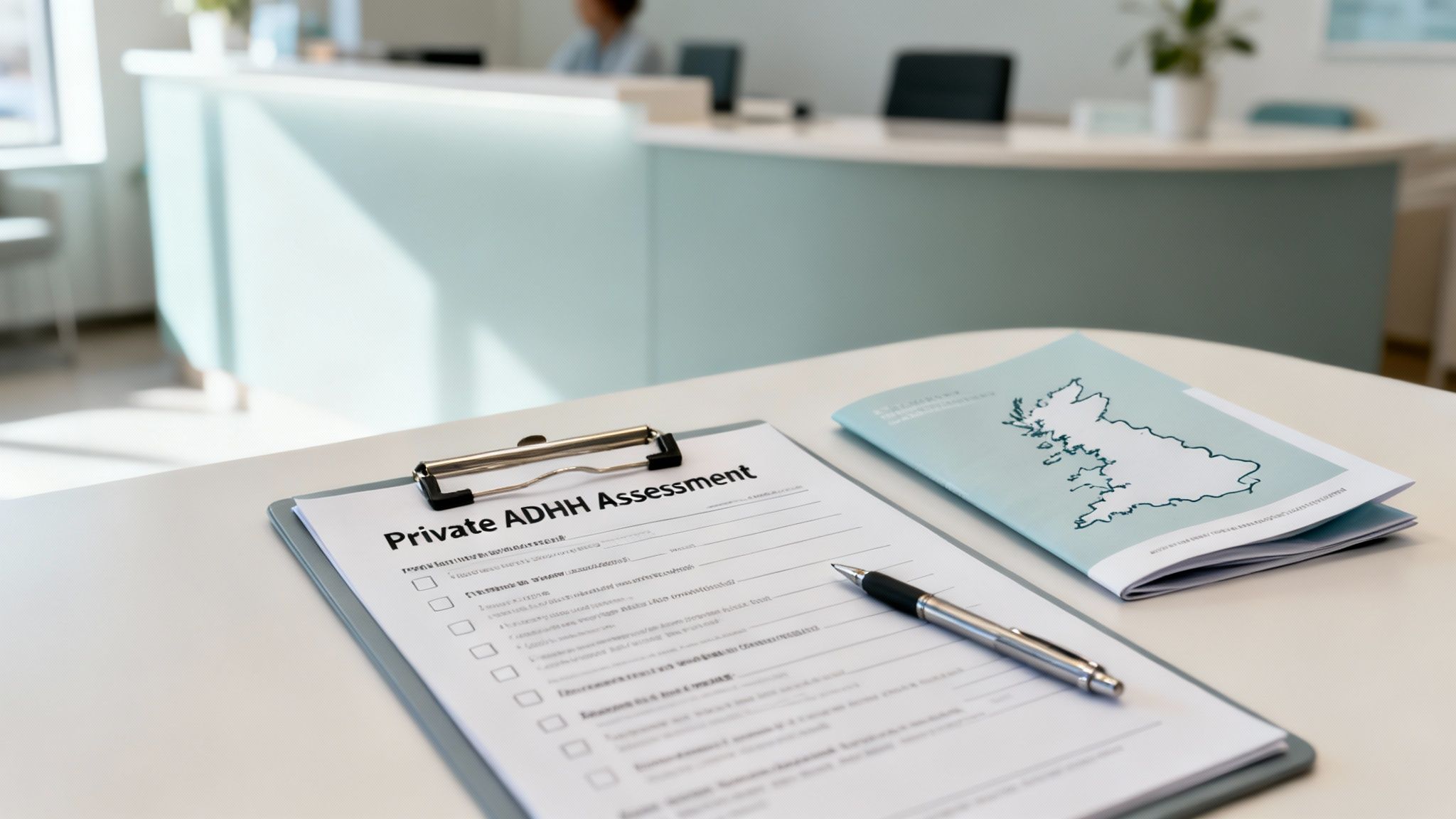 A 'Private ADHD Assessment' form on a clipboard with a pen, and a UK map booklet on a desk in an office.