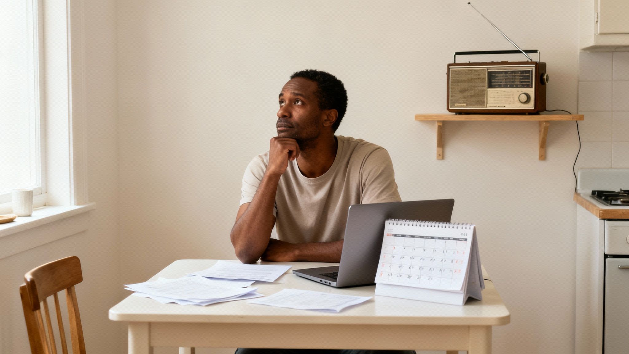 A pensive man sits at a table with a laptop, papers, and a calendar, deep in thought.