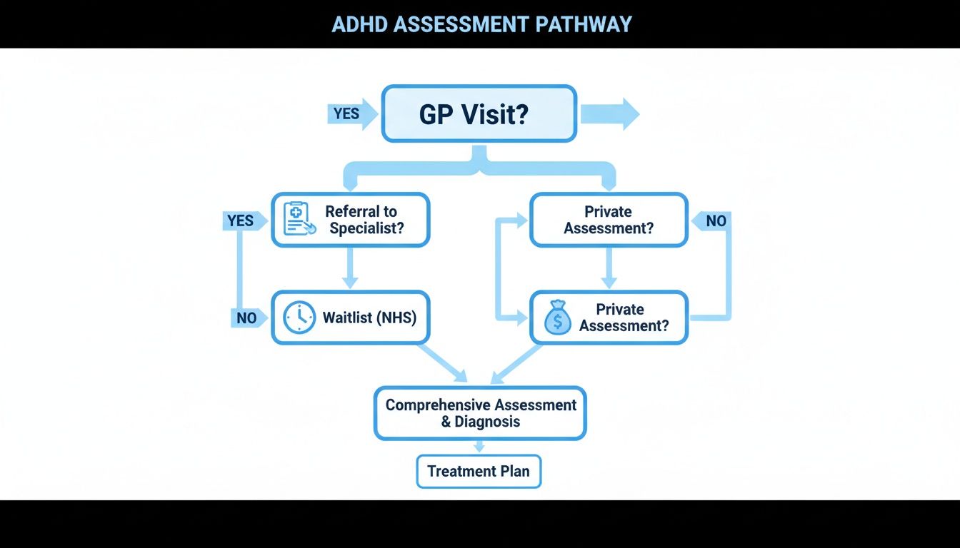 Flowchart detailing the ADHD assessment pathway from GP visit to diagnosis and treatment plan.