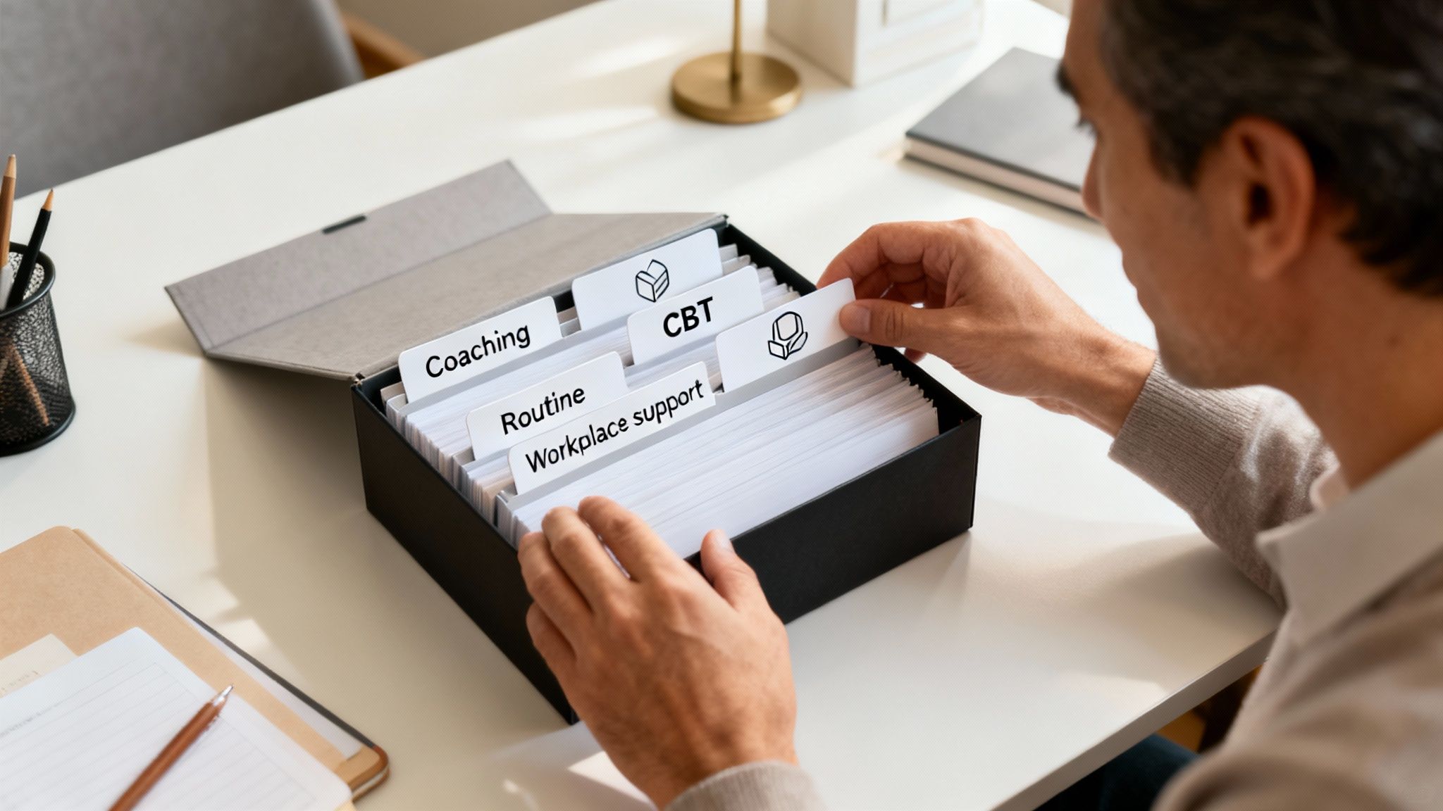A man reviews index cards labeled 'Coaching', 'CBT', 'Routine', and 'Workplace support' in an organizer box.