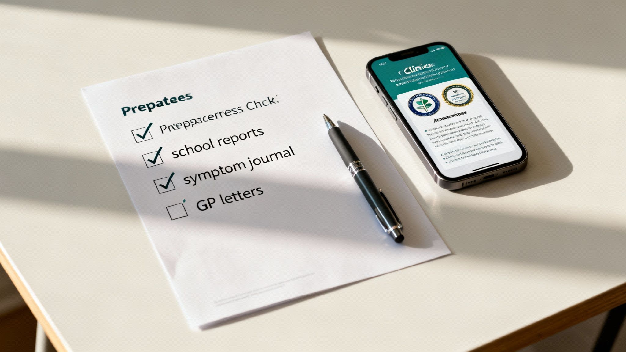 A checklist on paper with a pen next to a smartphone displaying a medical app and accreditation badges.
