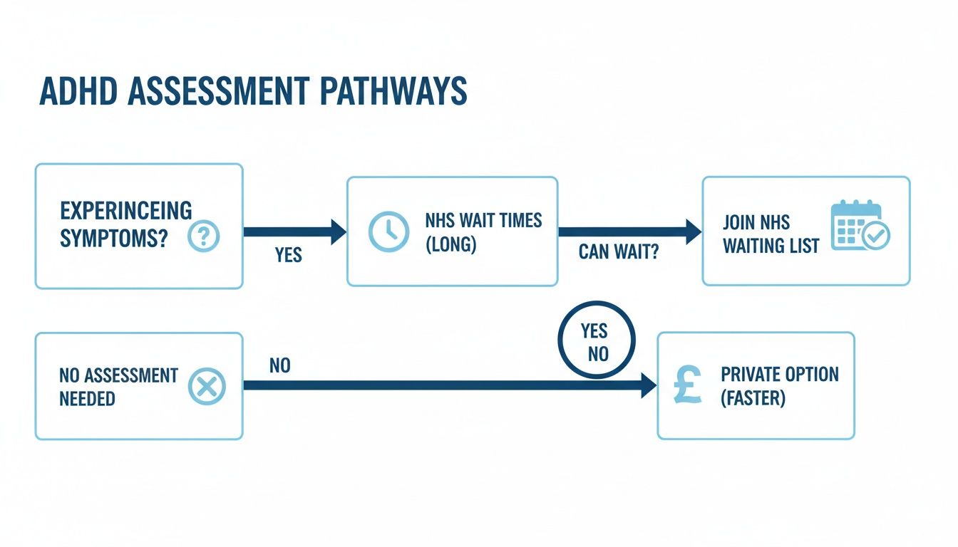 Flowchart detailing ADHD assessment pathways, outlining options for NHS wait times or private services.