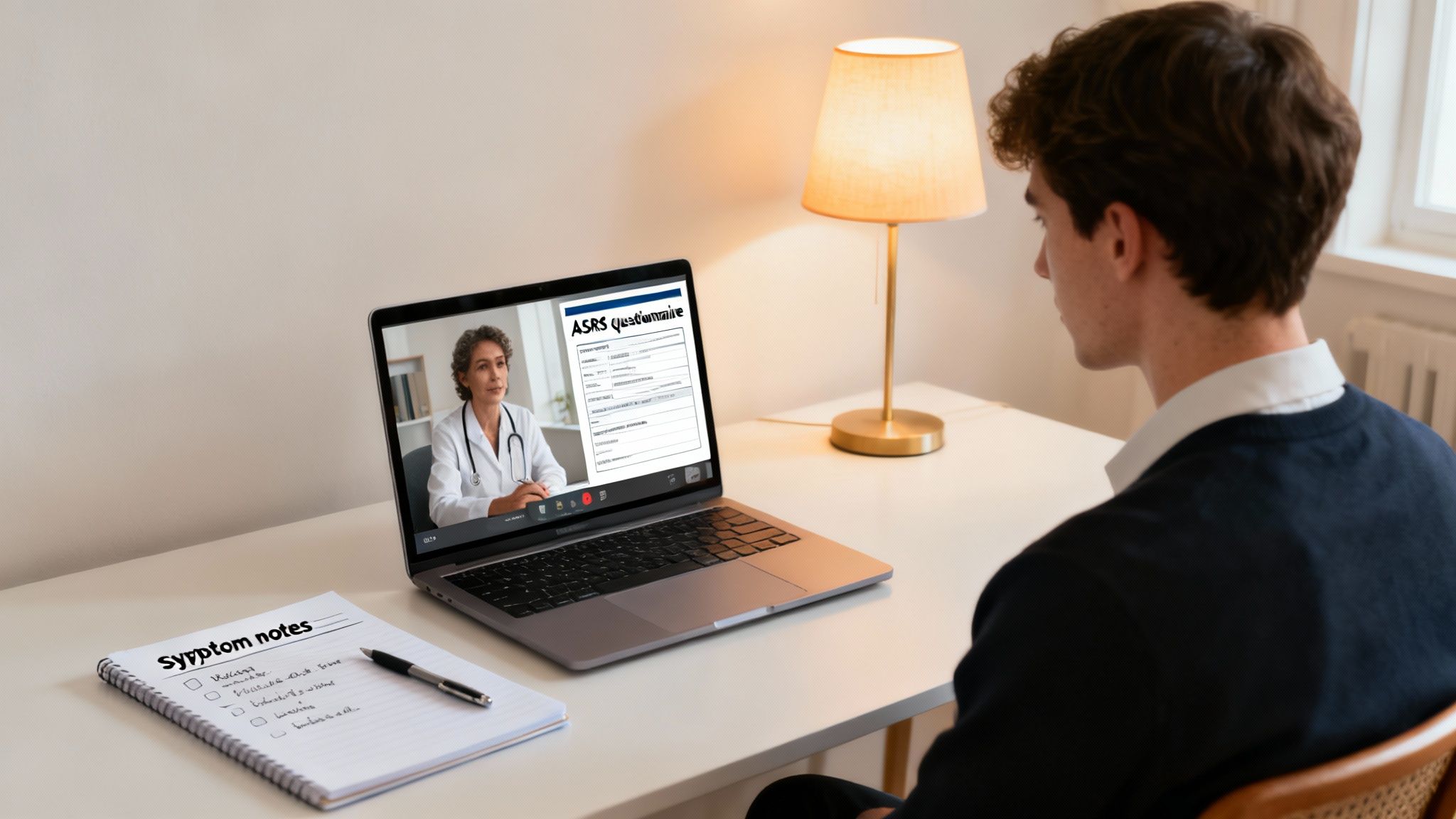 A man in an online consultation with a doctor, viewing an ASRS questionnaire.