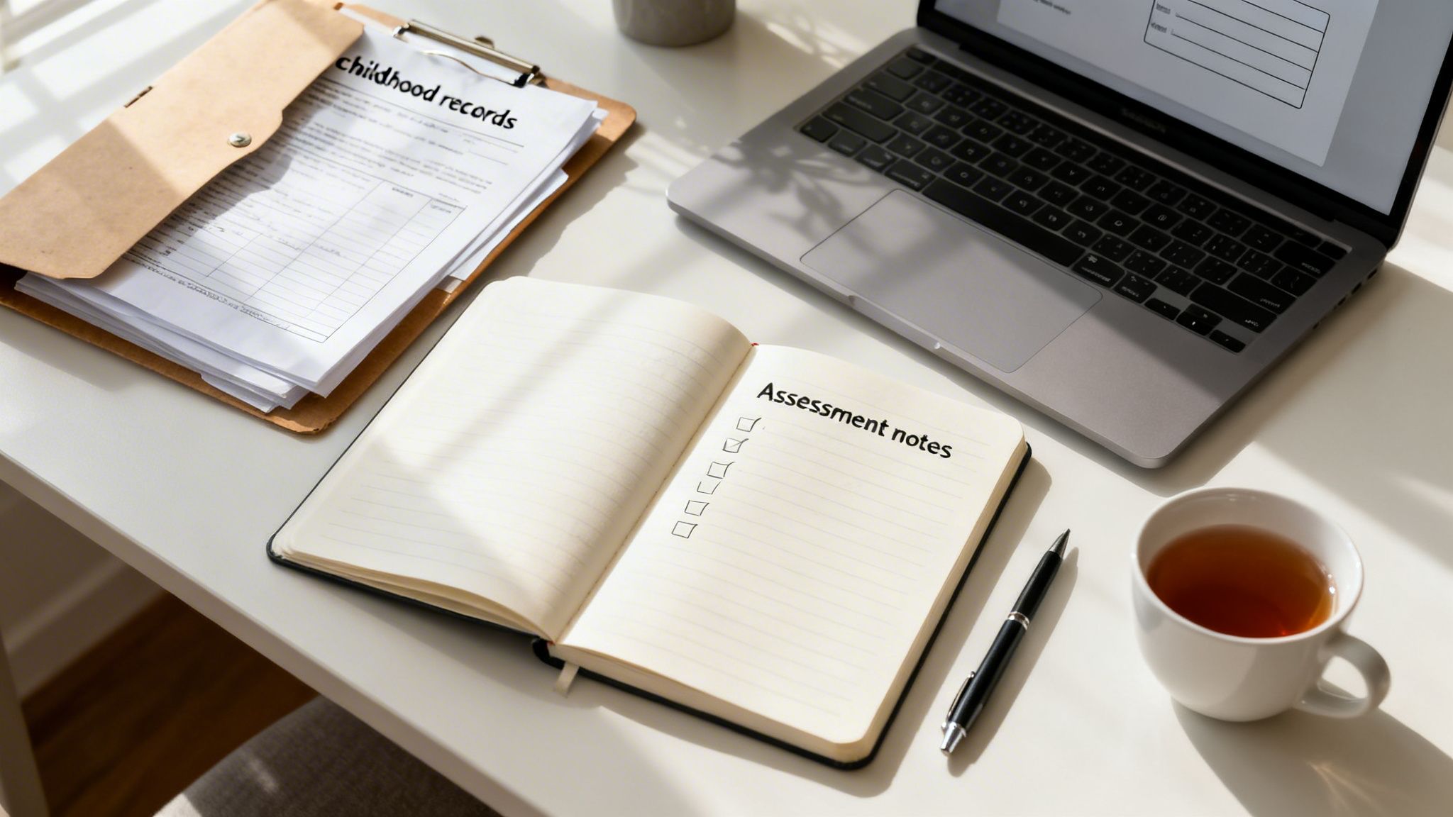 Overhead view of a workspace with childhood records, assessment notes, laptop, pen, and tea.