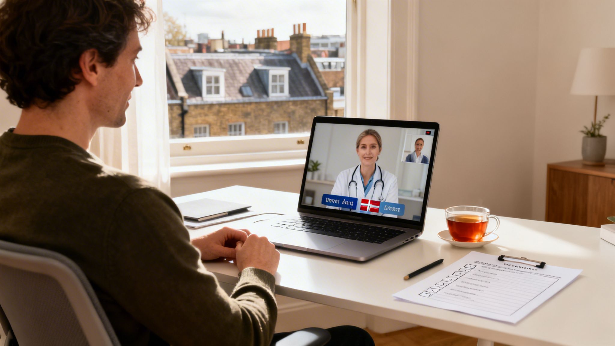 Man consults a female doctor virtually on his laptop at home during a telehealth appointment.