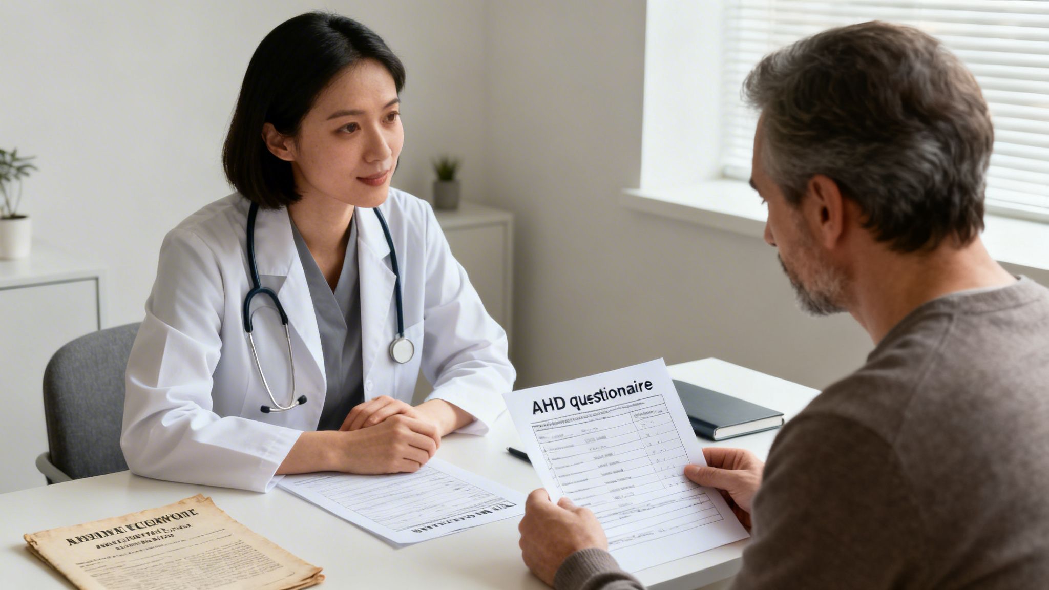 Doctor and patient review an AHD questionnaire during a consultation in a medical office.