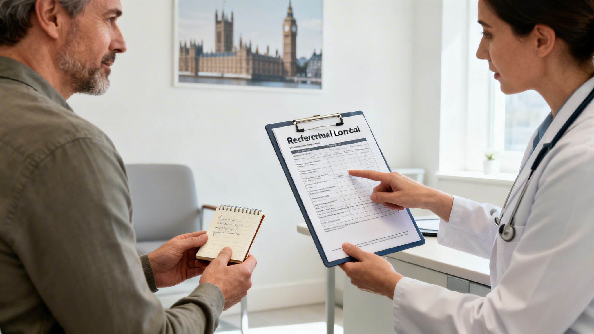 A female doctor explains a medical form to a male patient in a clinic with a London landmark picture.