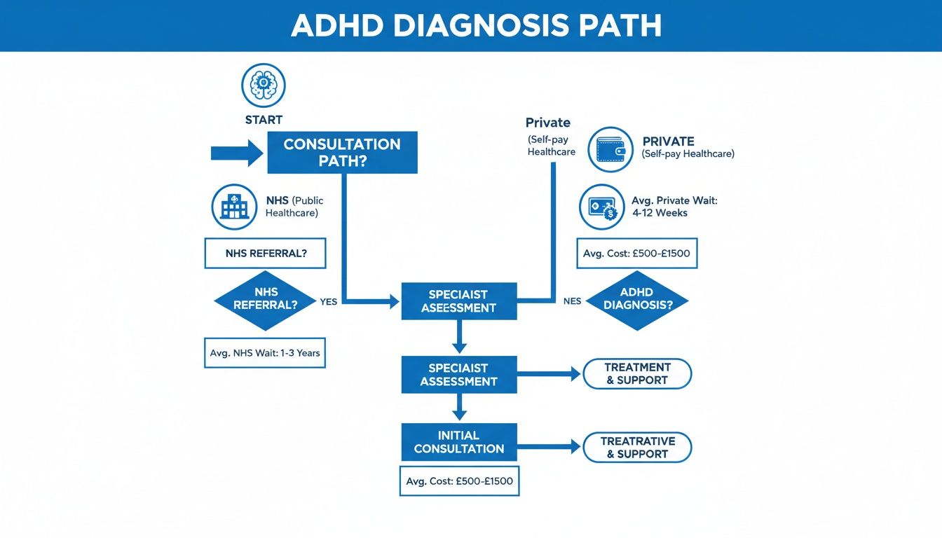 A flowchart illustrating the ADHD diagnosis path in the UK, comparing NHS and private healthcare options, including wait times and costs.