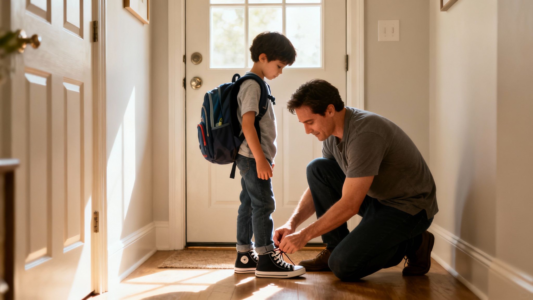 A father kneels to tie his young son's shoelaces in a bright hallway, preparing him for school.
