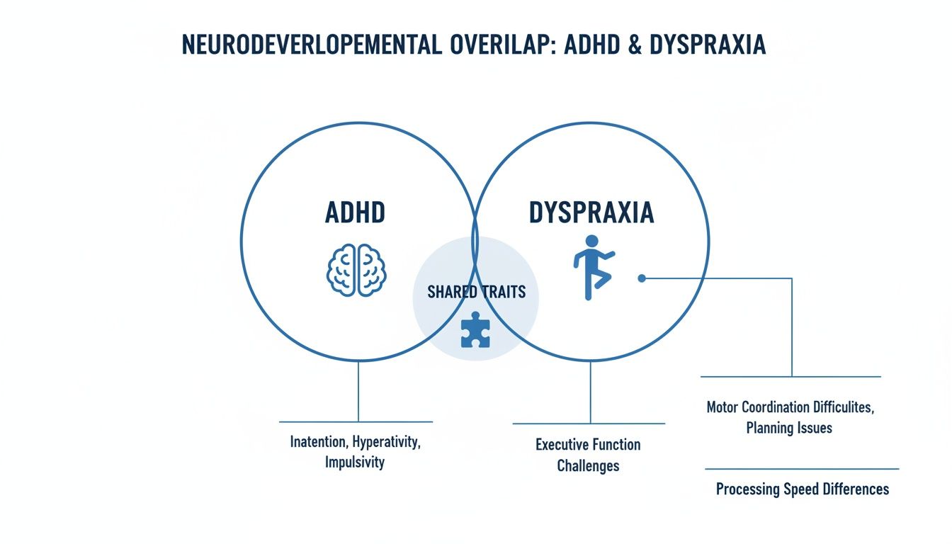 Venn diagram illustrating neurodevelopmental overlap between ADHD and Dyspraxia, listing shared and specific challenges.