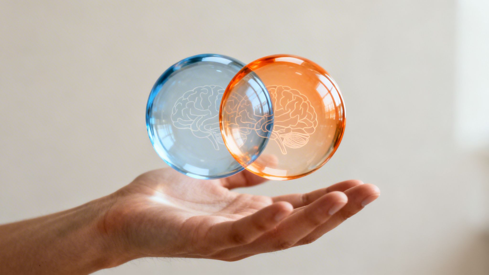 A hand holds two overlapping translucent spheres, one blue and one orange, each with a brain outline.