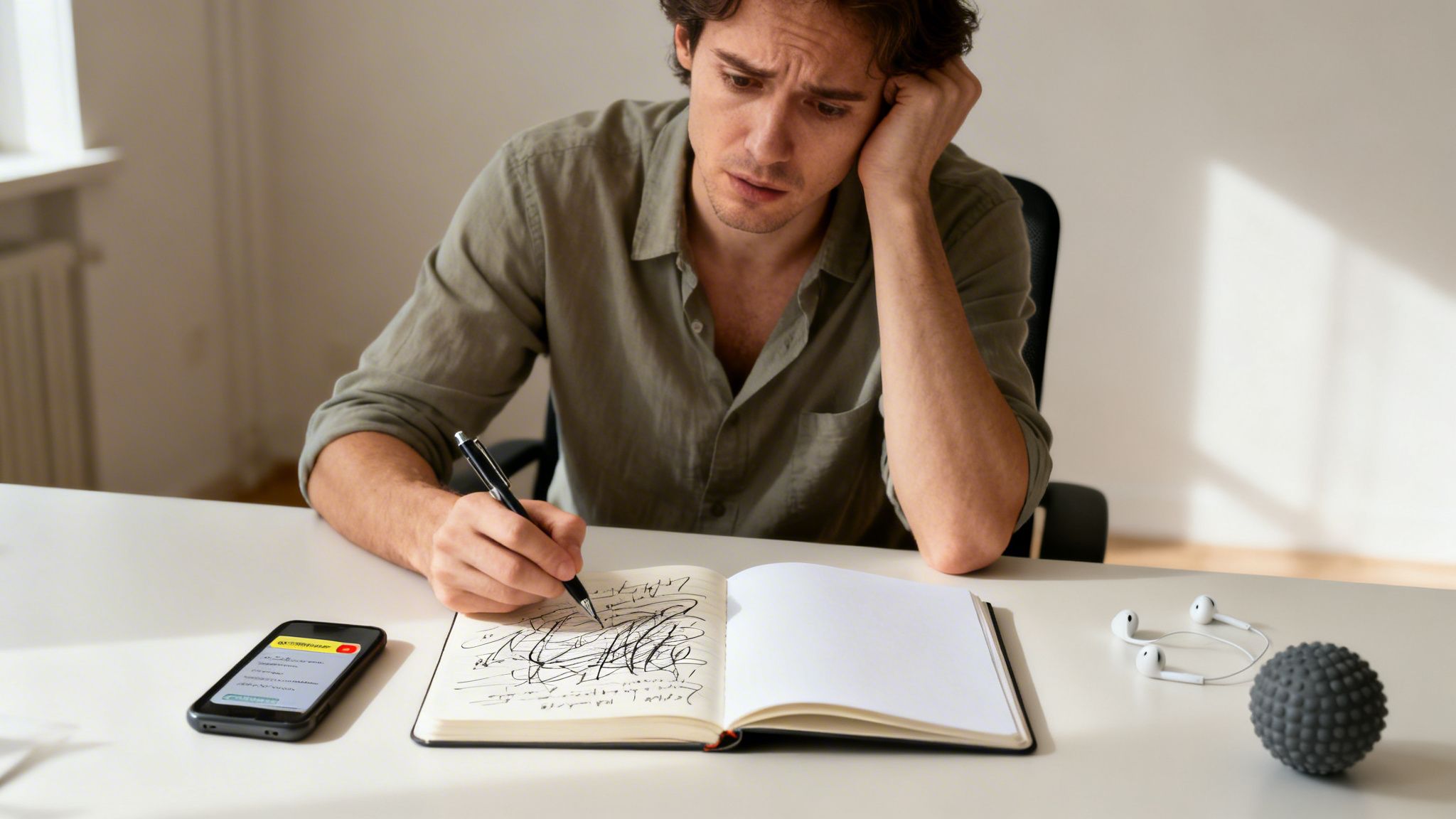 A confused man with curly hair scribbling in a notebook, with a phone and earphones on a desk.