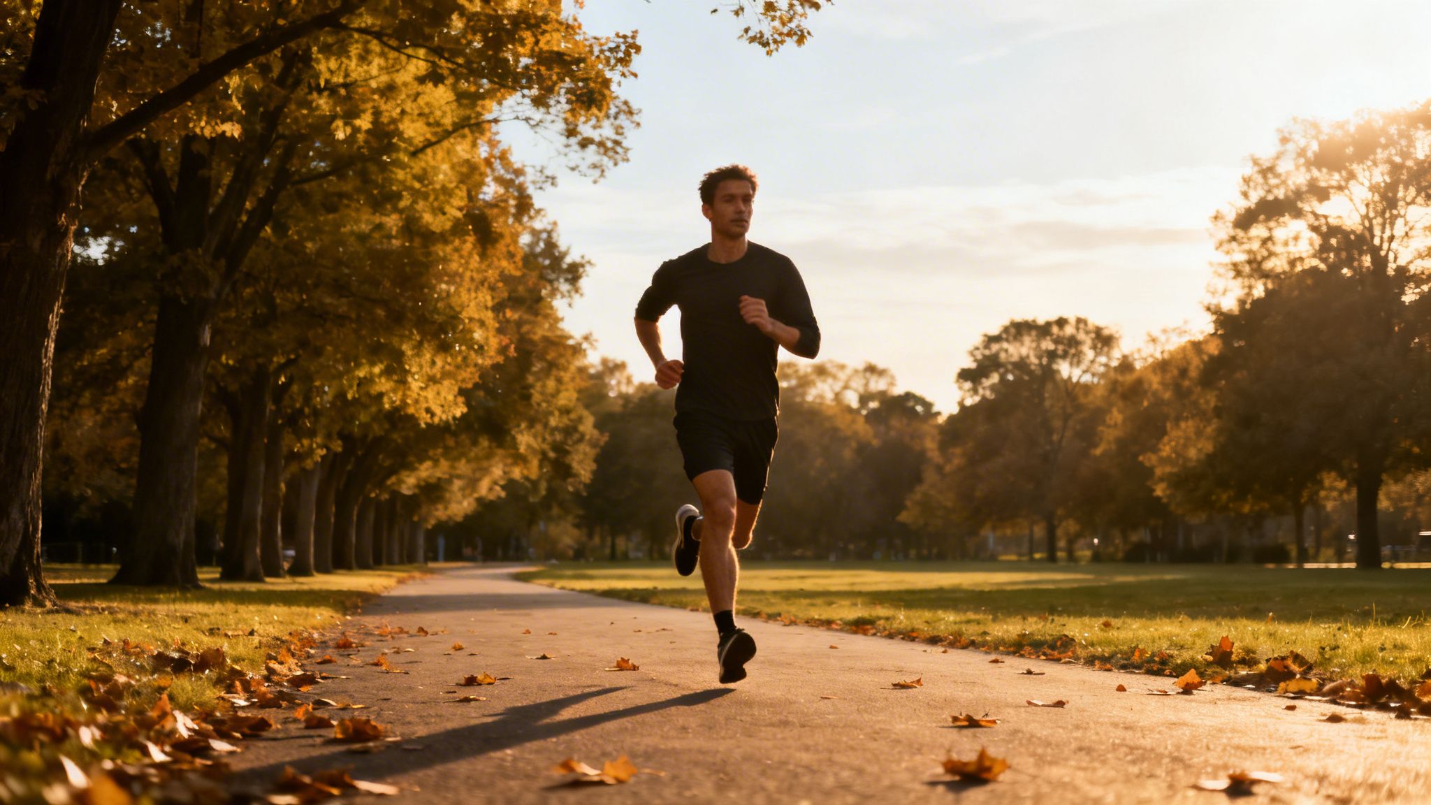 A man running on a park path lined with autumn trees and fallen leaves during sunset.