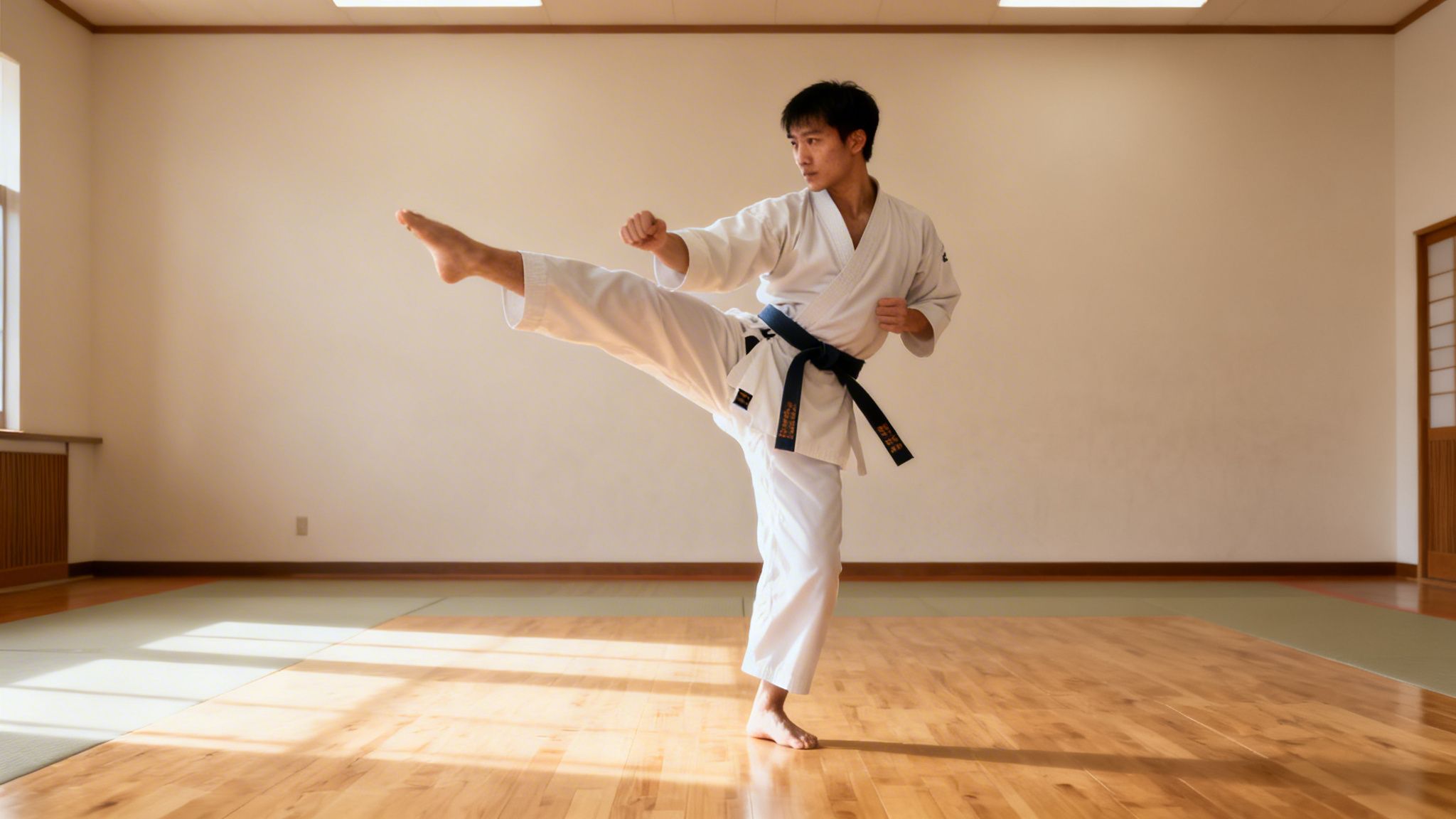 A young Asian man in a white karate gi and black belt performs a high kick.