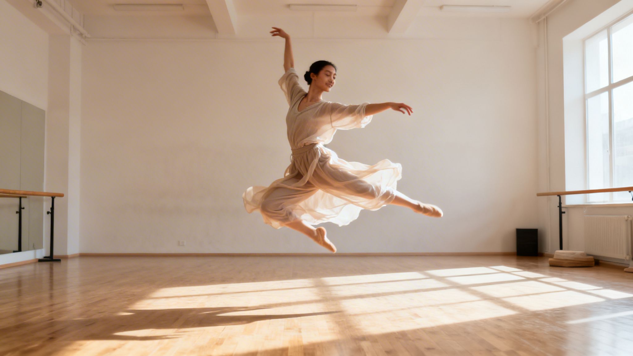A graceful female dancer in a flowing beige outfit leaps in a bright dance studio.