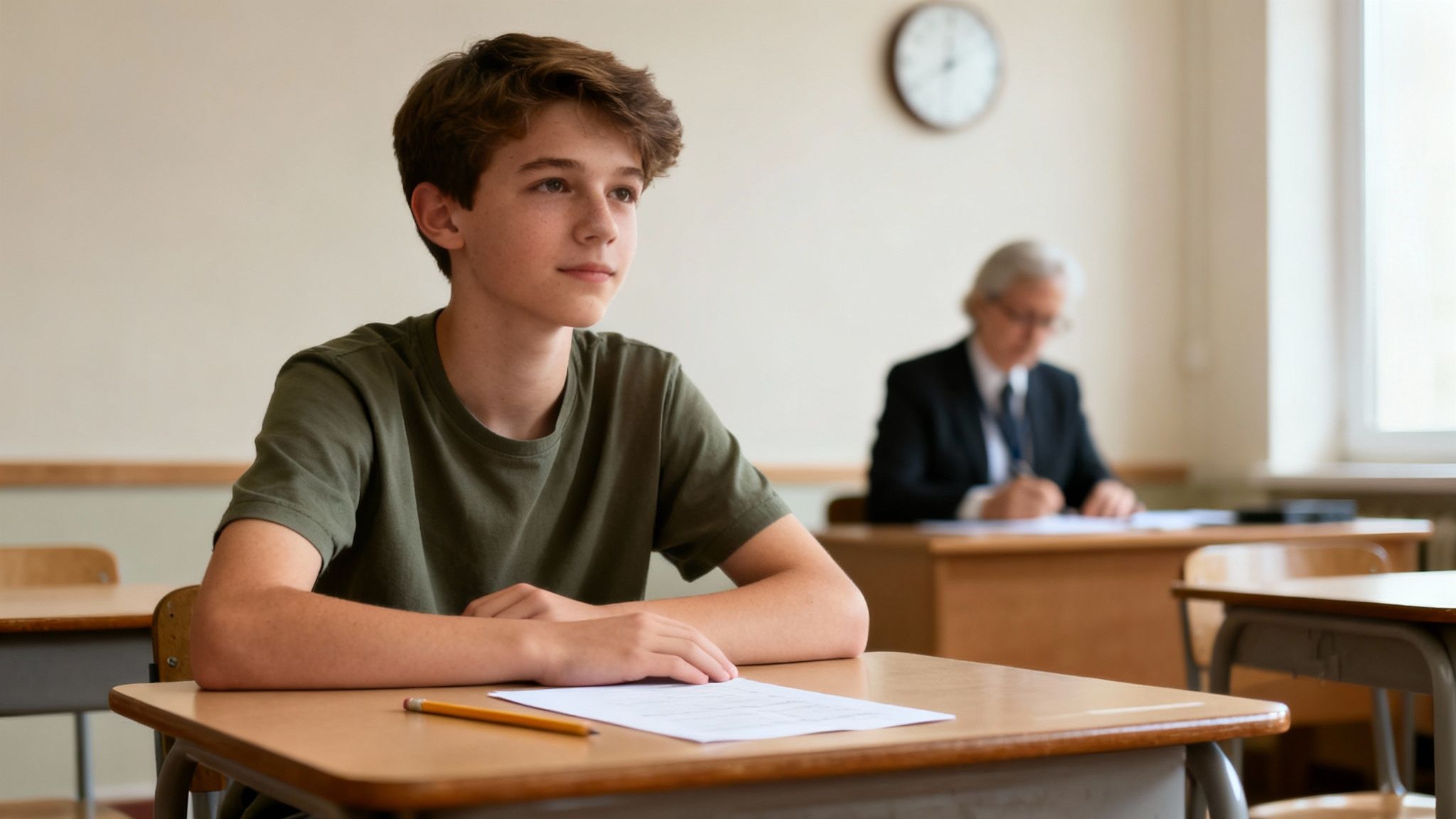 A young male student sits at a school desk, ready for an exam, with a blurred teacher in background.