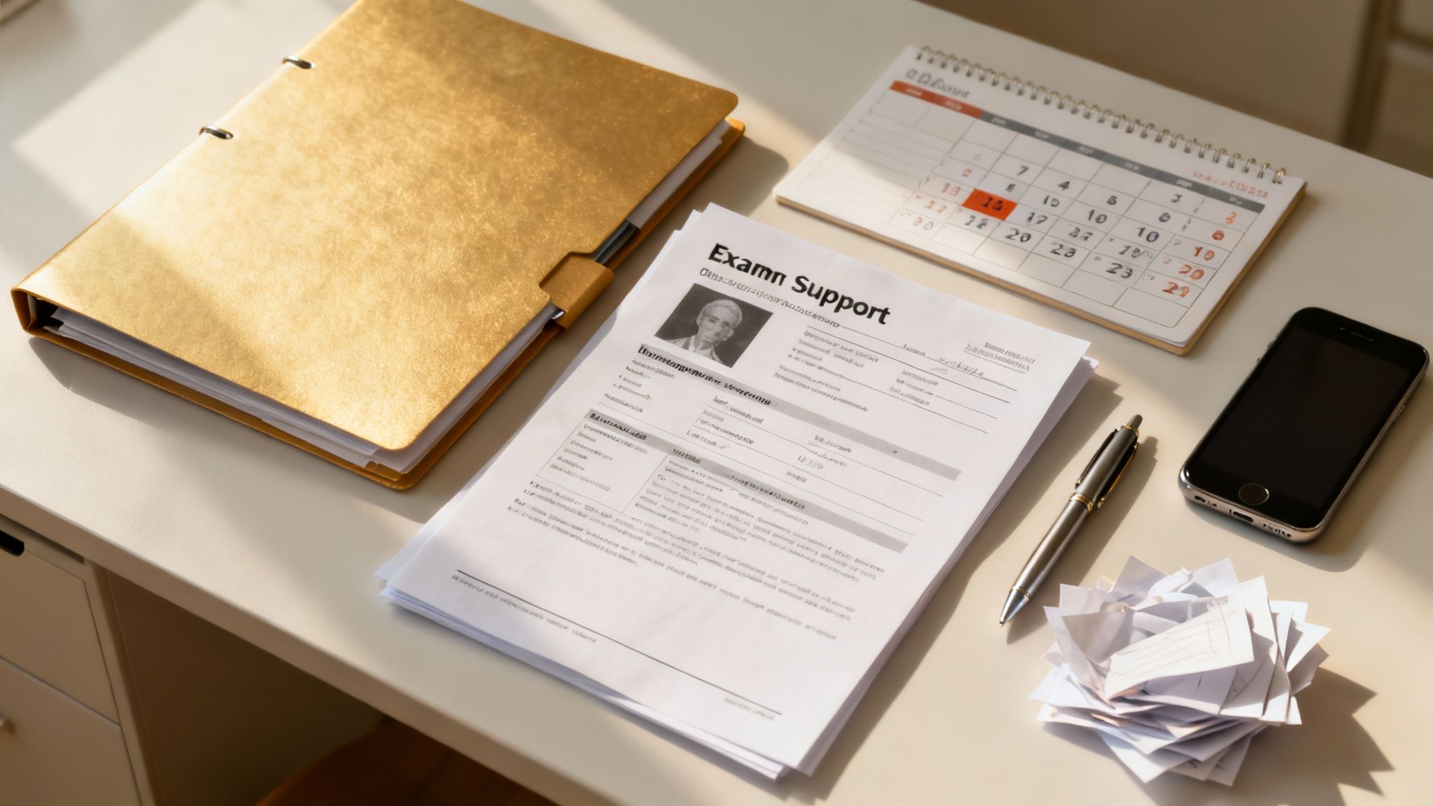 A desk with an open gold binder, exam support document, calendar, pen, phone, and crumpled notes.