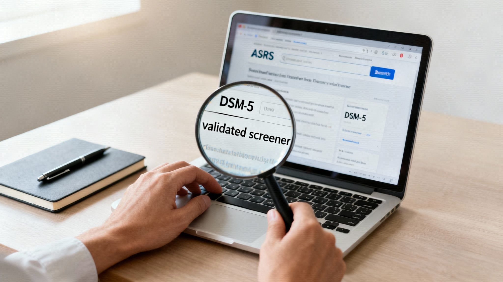 A person searches for 'DSM-5 validated screener' on a laptop with a magnifying glass.