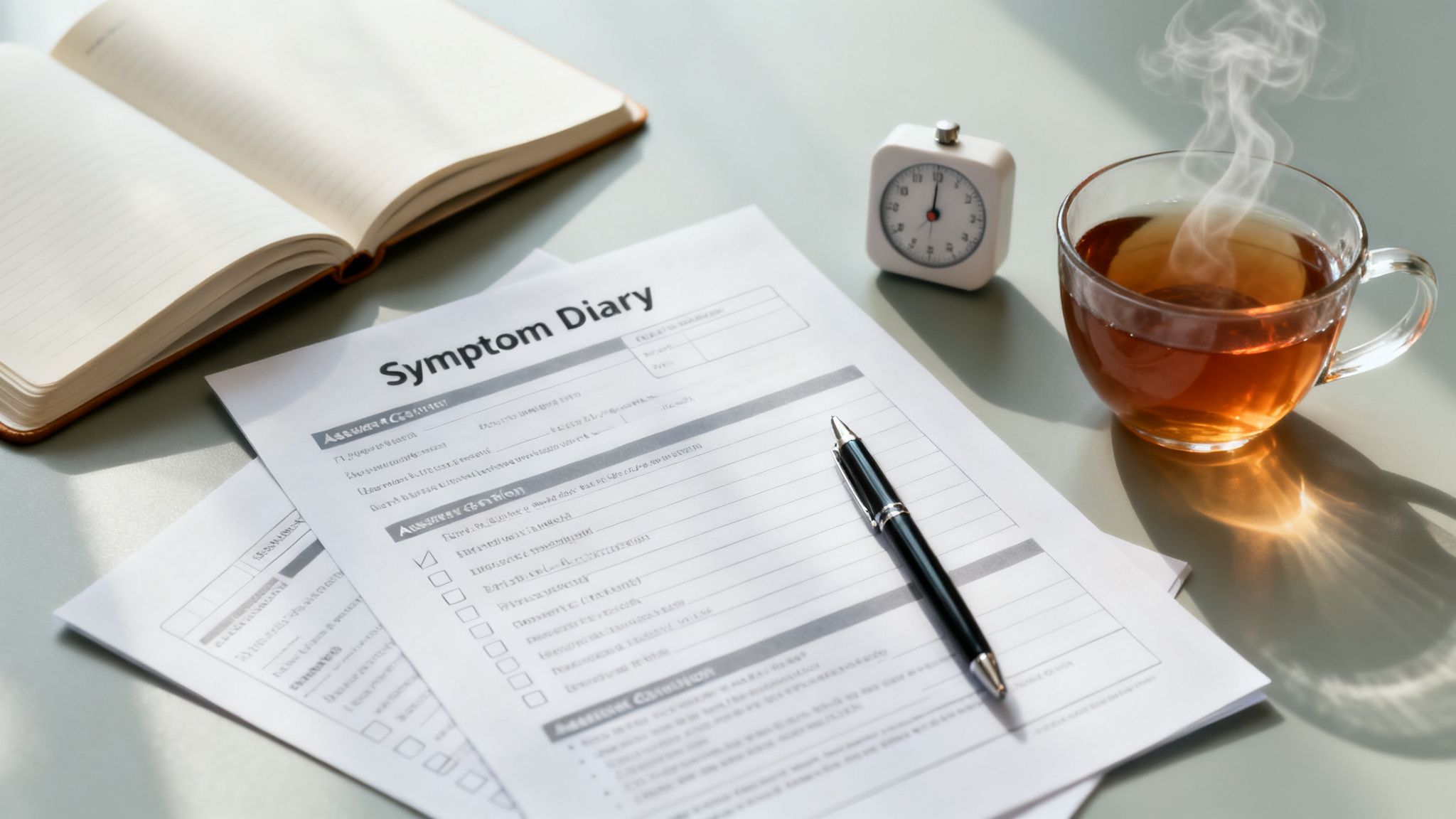 Desk scene with a 'Symptom Diary' form, pen, open notebook, clock, and steaming tea.