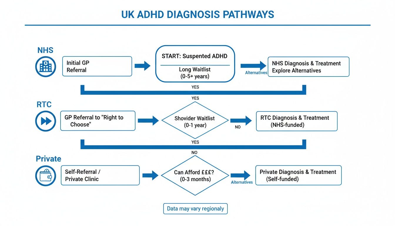 Flowchart detailing UK ADHD diagnosis pathways including NHS, Right to Choose, and private options with varying wait times.