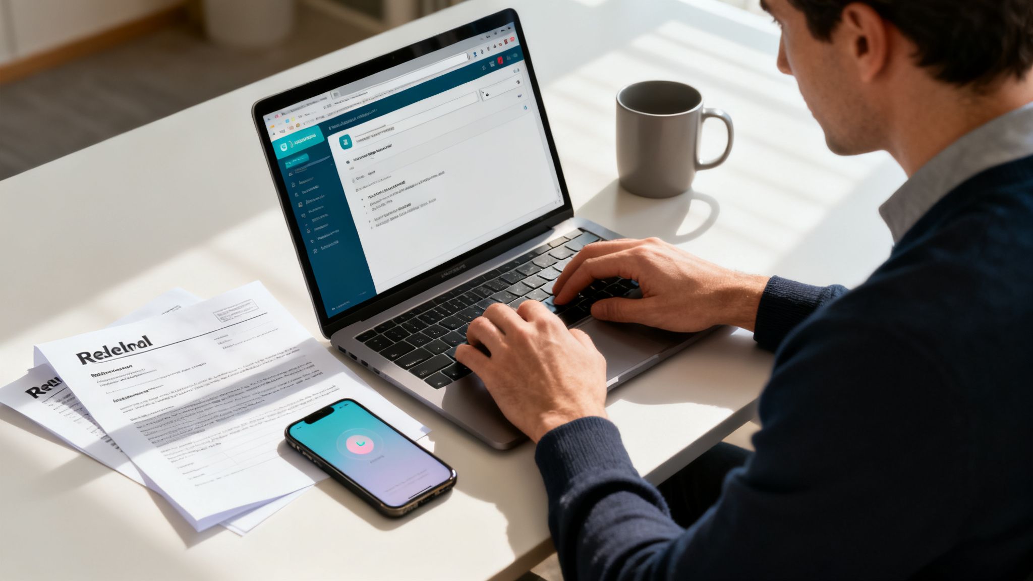 Man typing on a laptop with documents and a smartphone on a sunny desk.