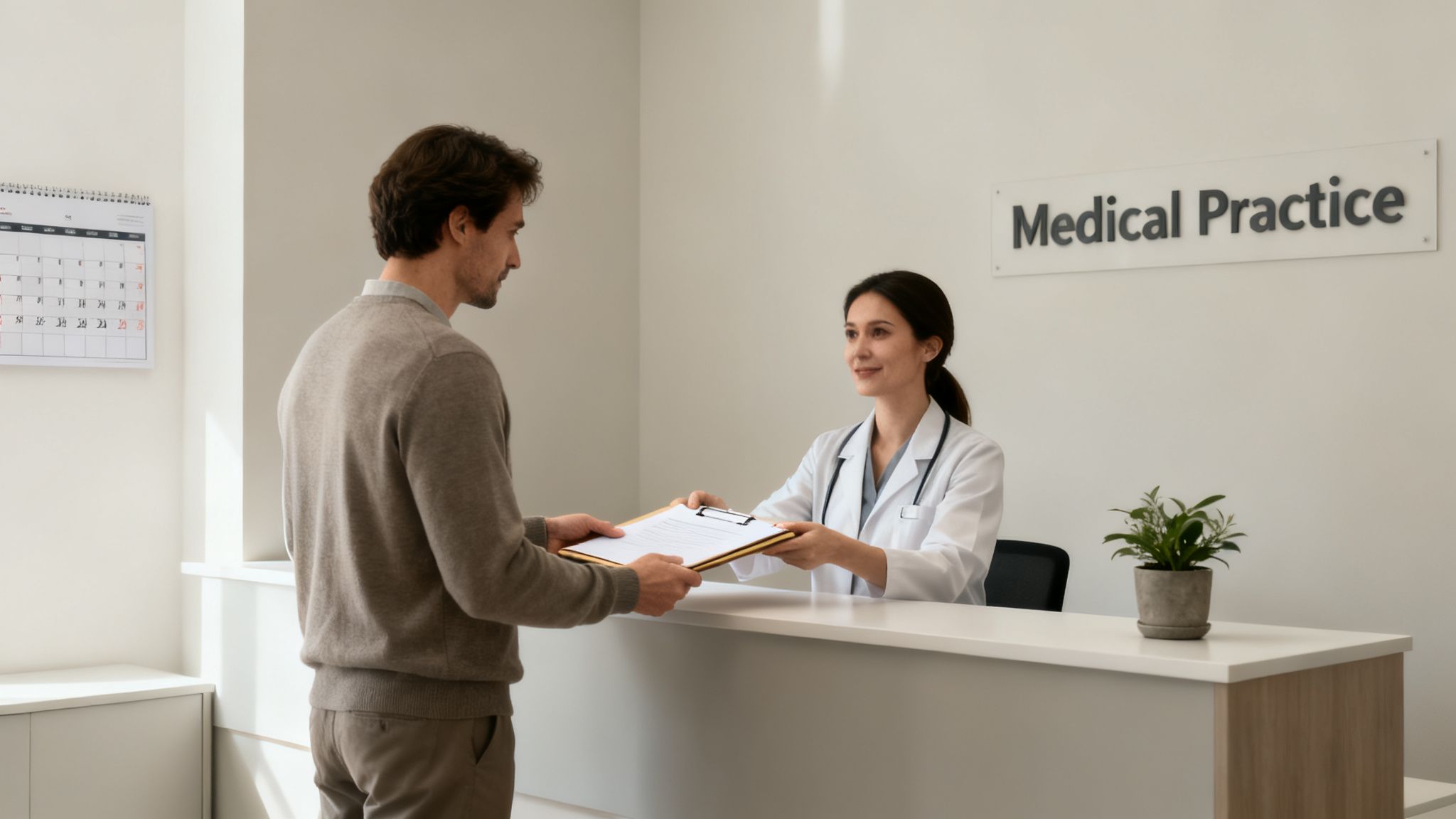 A patient receives a clipboard with forms from a smiling doctor at a medical practice reception.