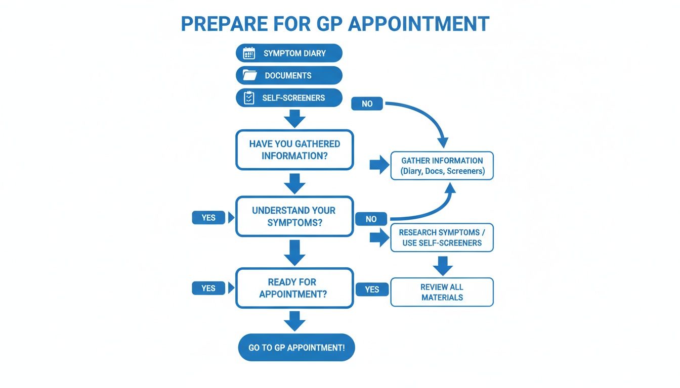 A flowchart detailing steps to prepare for a GP appointment, covering information gathering and symptom understanding.