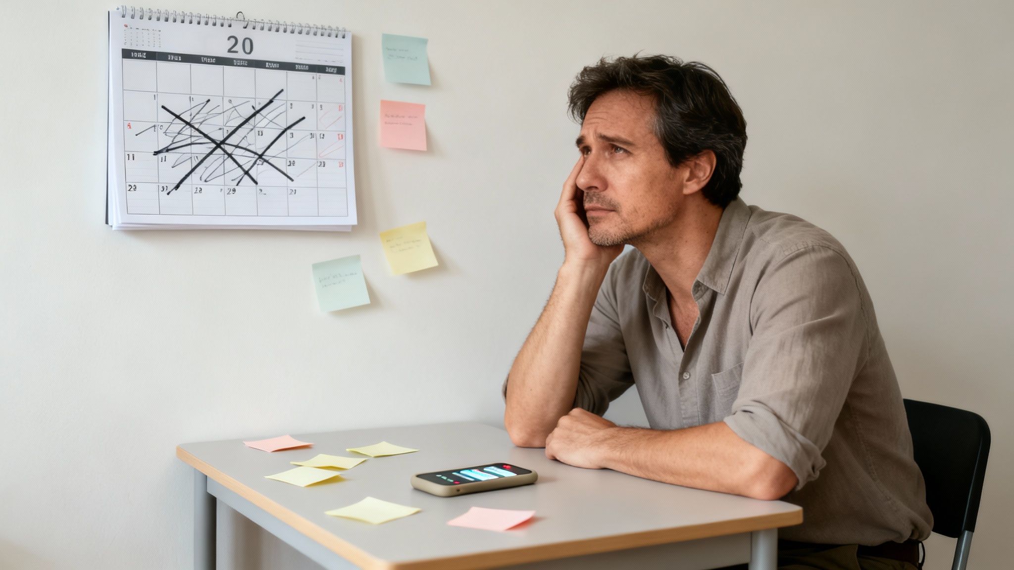 A man sits at a desk, looking bored while contemplating a calendar with many days crossed out.