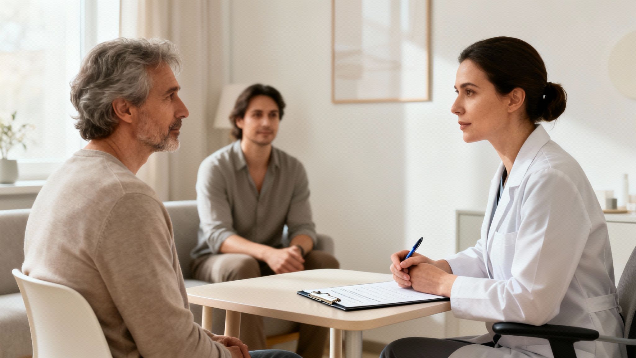 A female doctor in a white coat consults with an older male patient, writing on a clipboard.