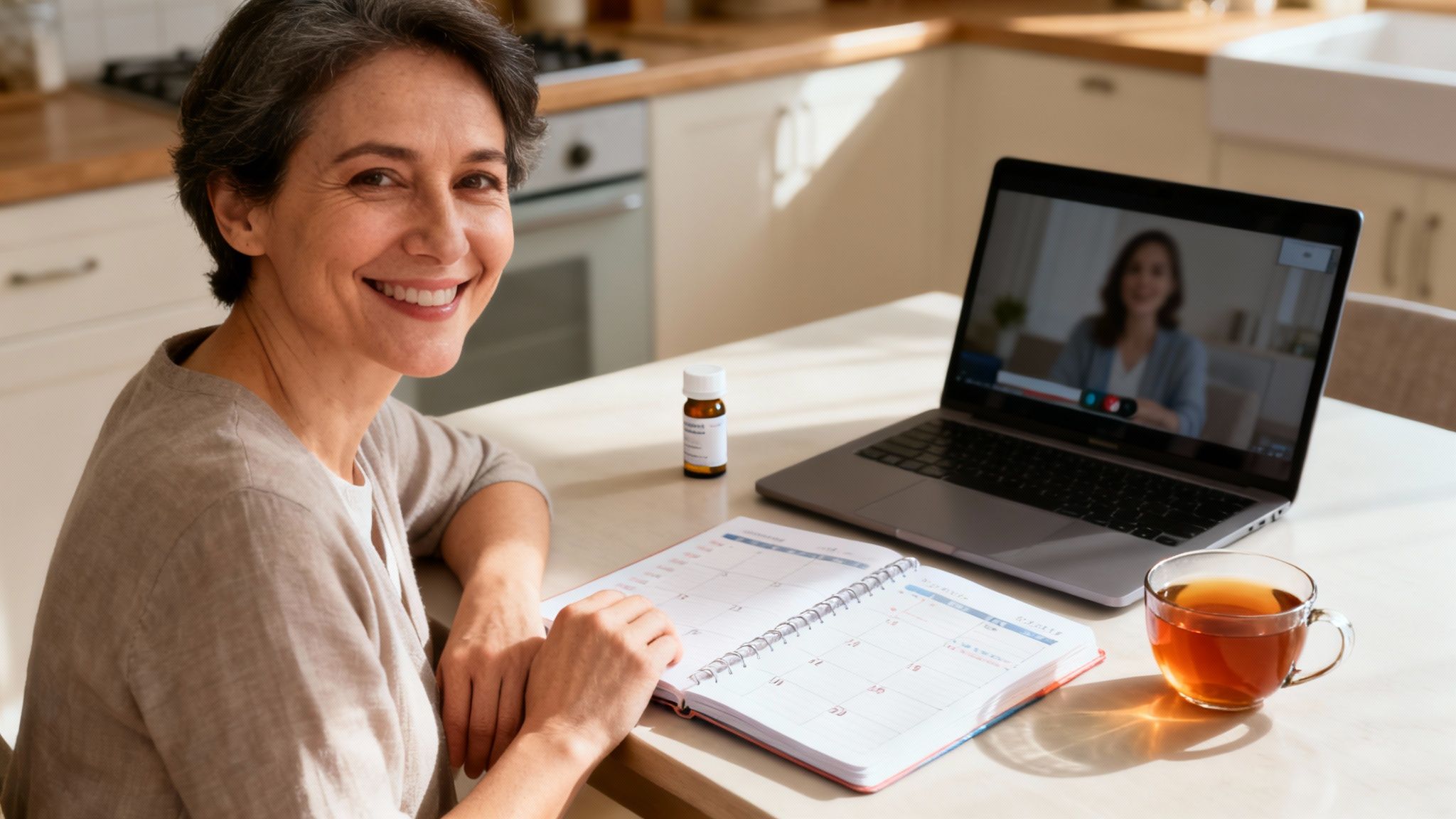 A smiling middle-aged woman on a video call with a doctor for a medical consultation at home.