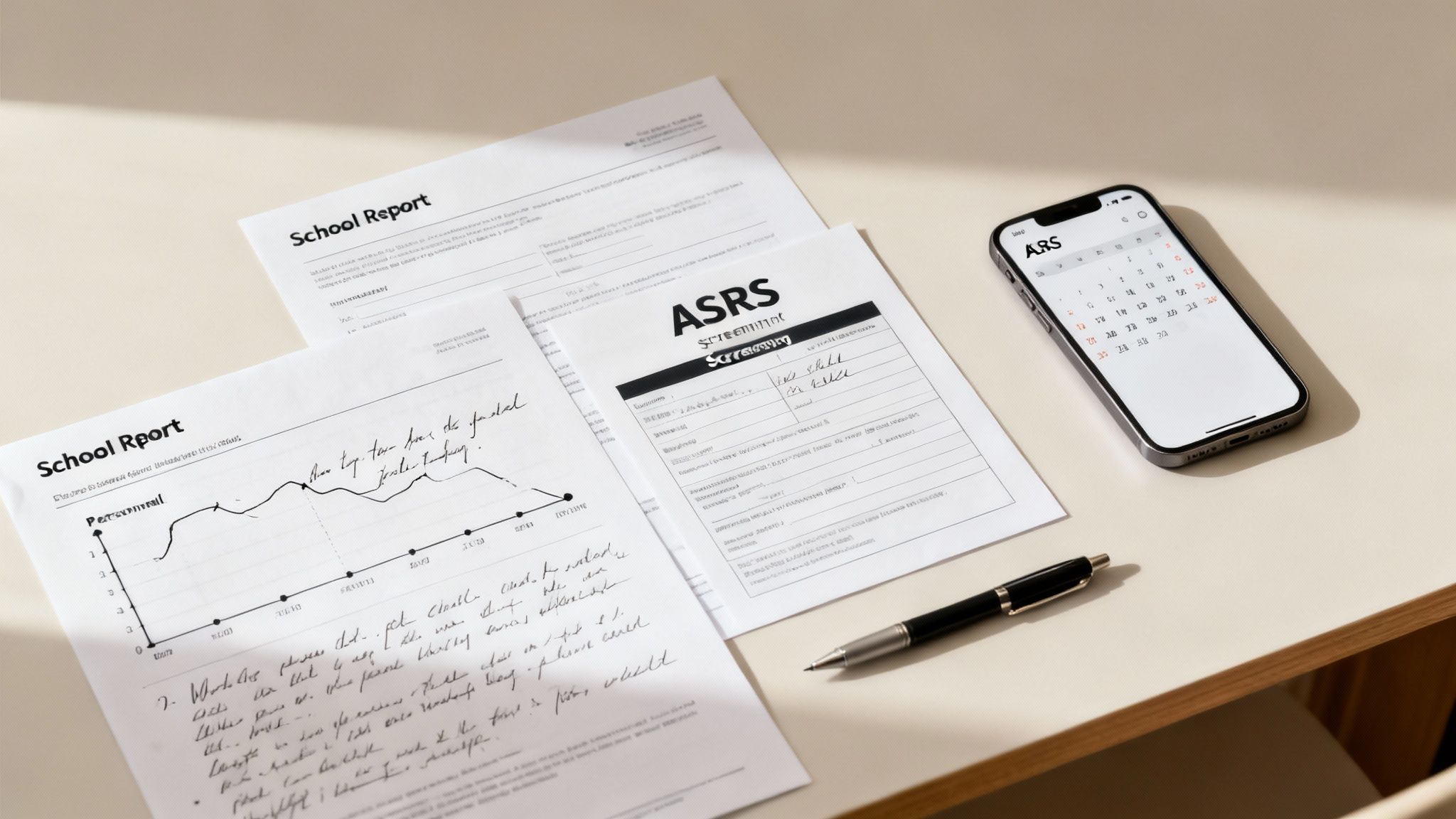ADHD assessment documents including school reports and ASRS form with a phone and pen.