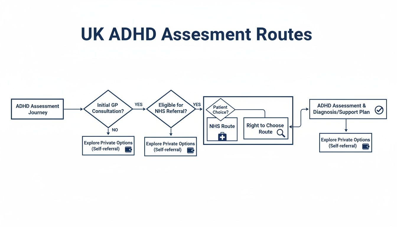 Flowchart illustrating the UK ADHD assessment journey, including NHS referral, patient choice, and private options.