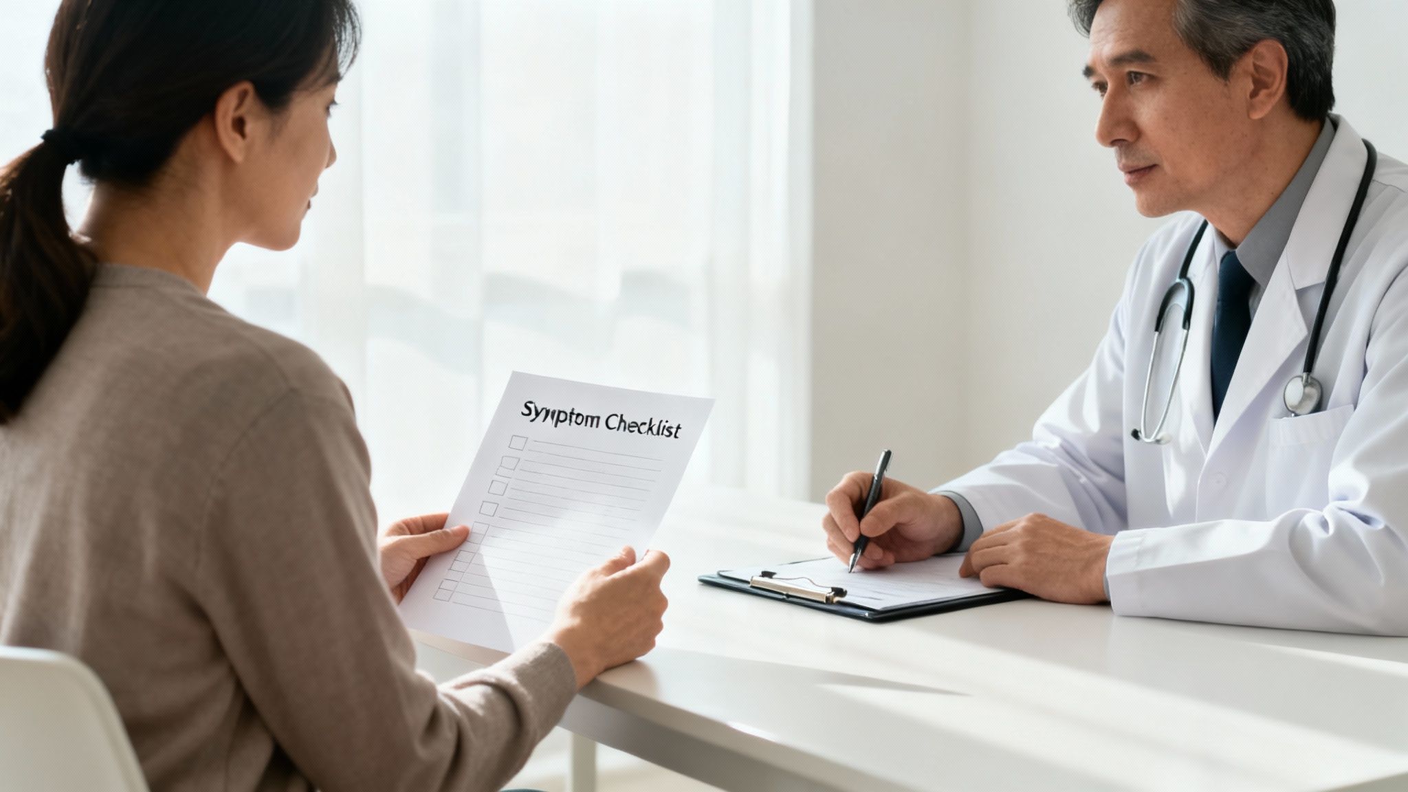 A patient holding a symptom checklist while discussing with a doctor.