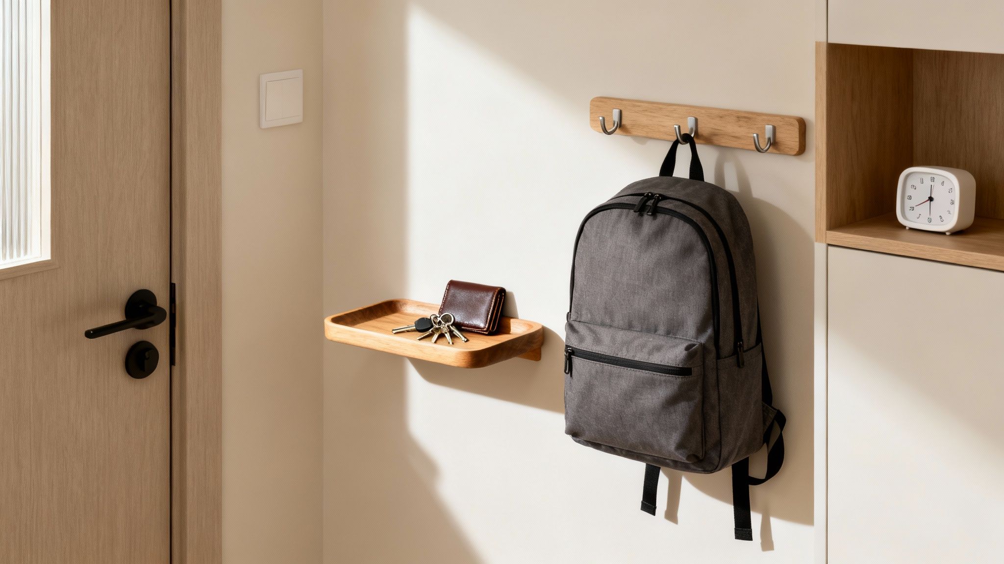Organized home entryway with a wooden shelf holding keys, wallet, a grey backpack, and a clock.