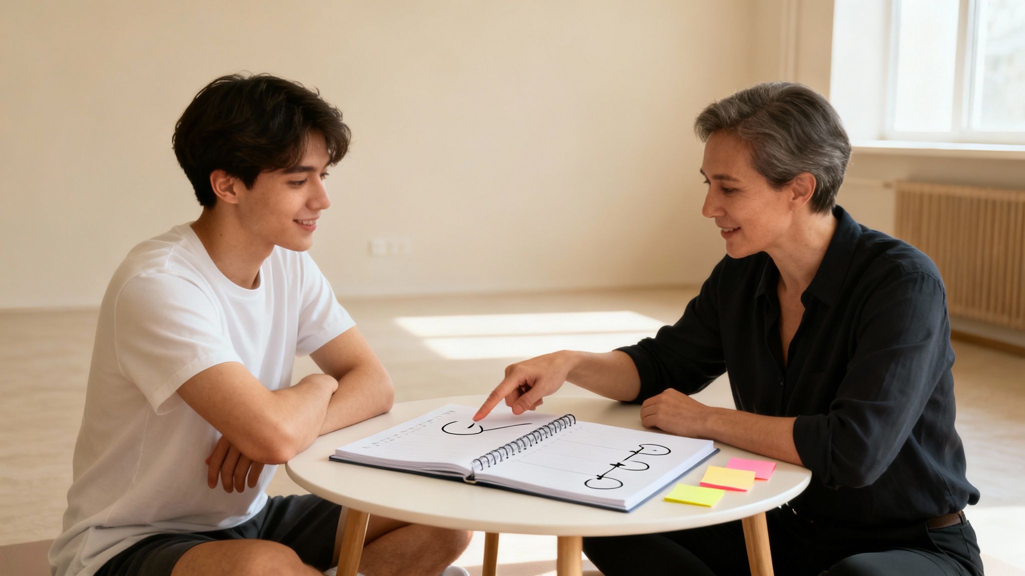 An adult woman points at a notebook with diagrams as a young man watches attentively during a session.