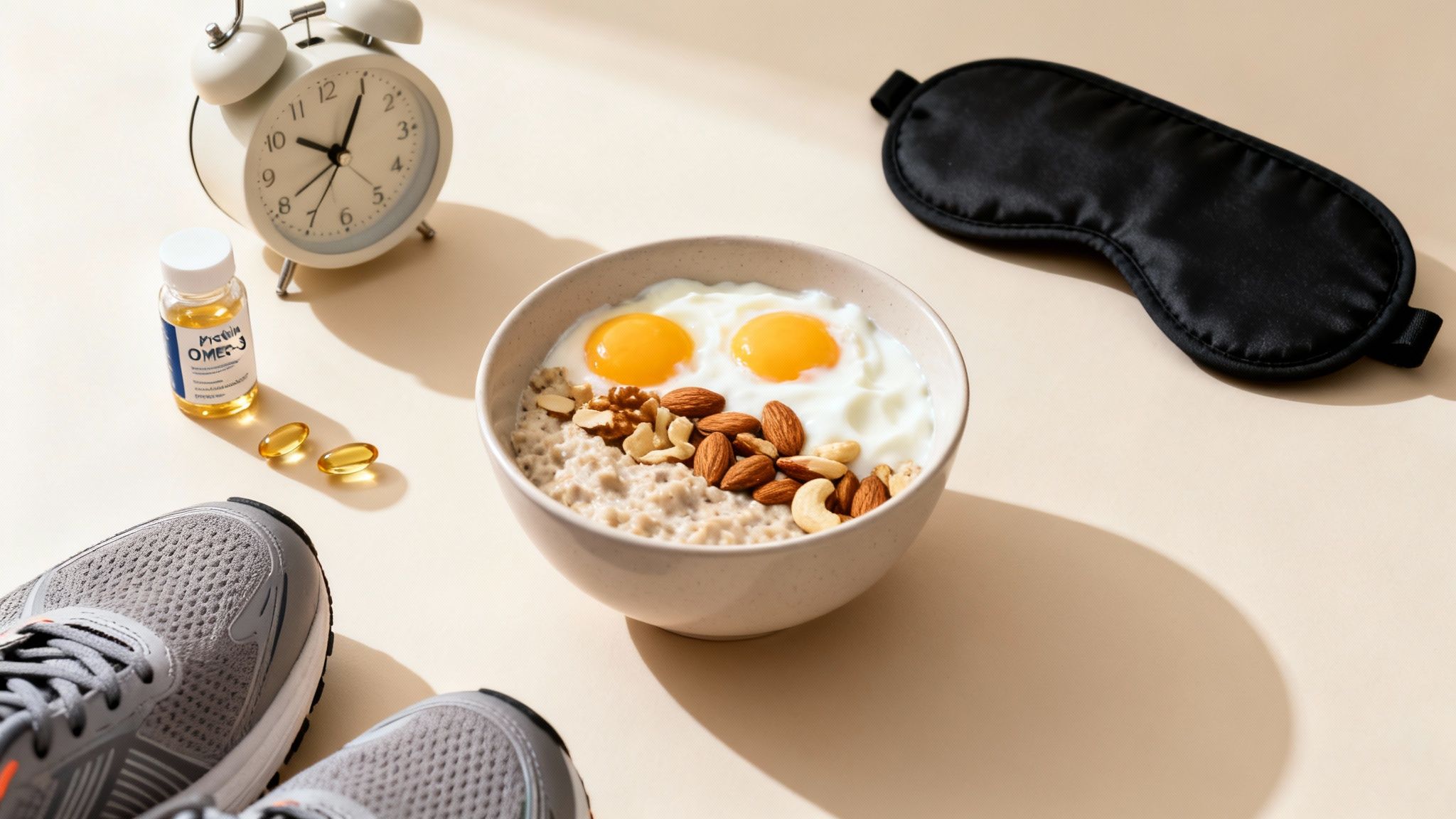 A healthy morning routine with breakfast, omega-3 supplements, alarm clock, running shoes, and sleep mask.