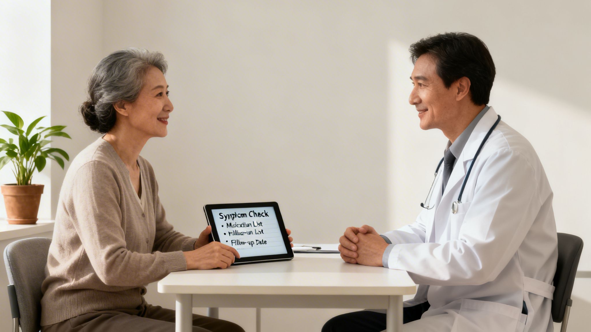 An Asian doctor and an elderly female patient reviewing a symptom checklist on a tablet.