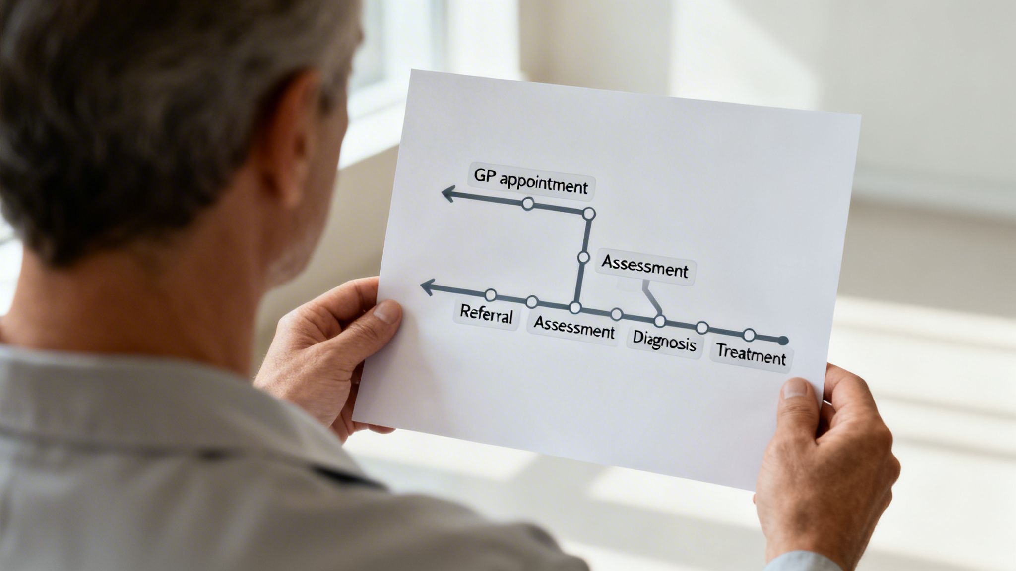 A person holds a diagram detailing healthcare pathways for GP appointments, referrals, assessment, diagnosis, and treatment.