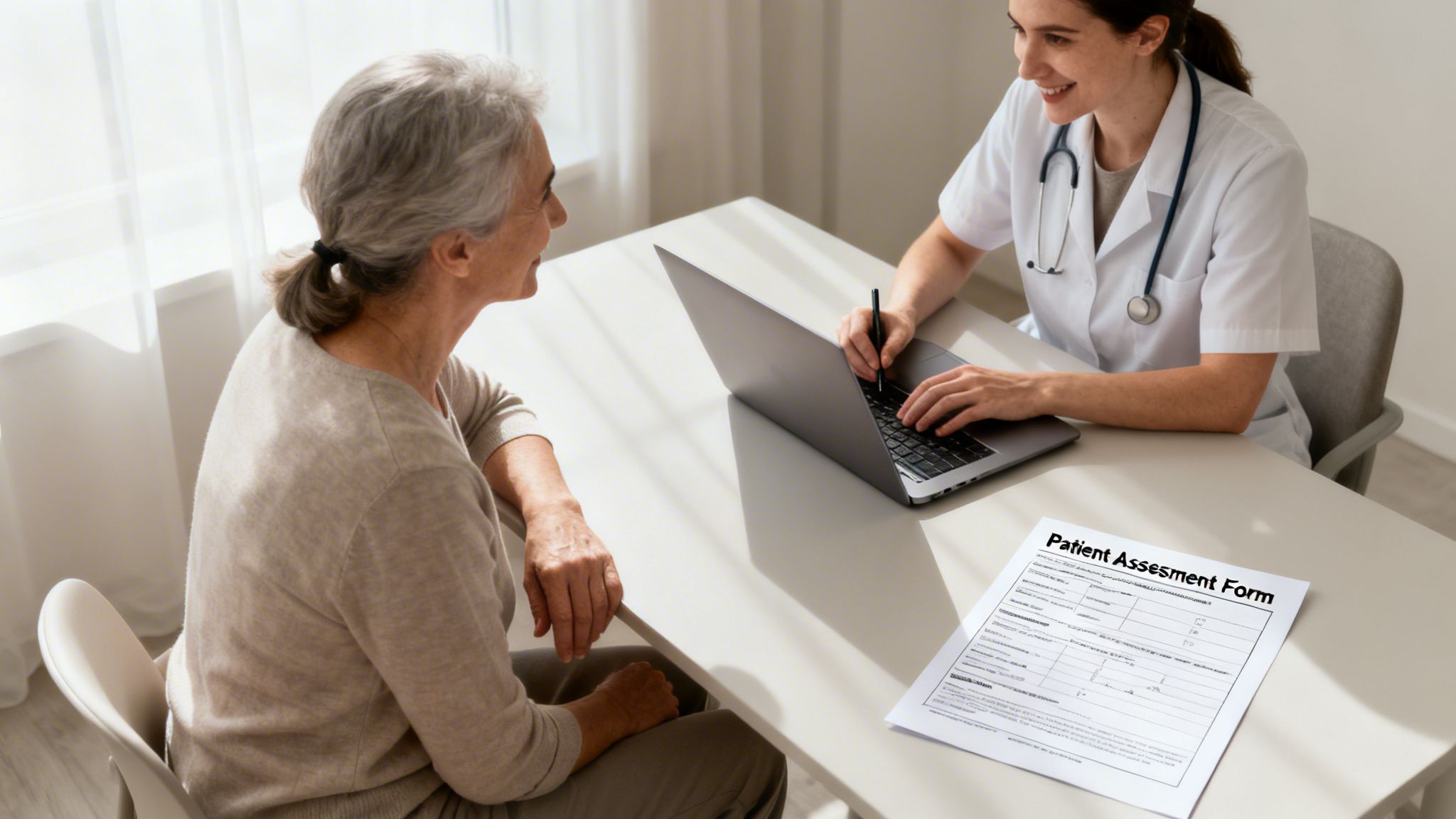 Smiling female doctor consulting an elderly woman, typing on a laptop with a patient assessment form on the desk.