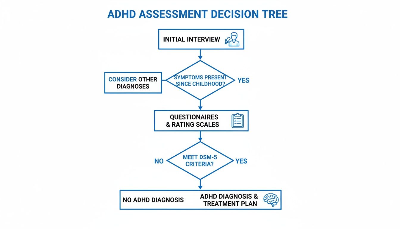 Flowchart outlining the ADHD assessment decision tree, from initial interview to diagnosis based on DSM-5 criteria.