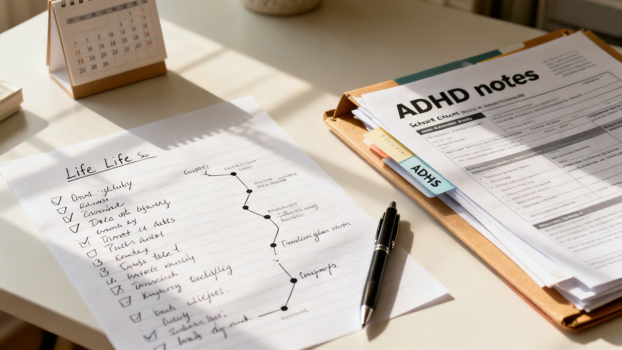 A sunlit desk with ADHD notes, a personal checklist, and a calendar for organization.