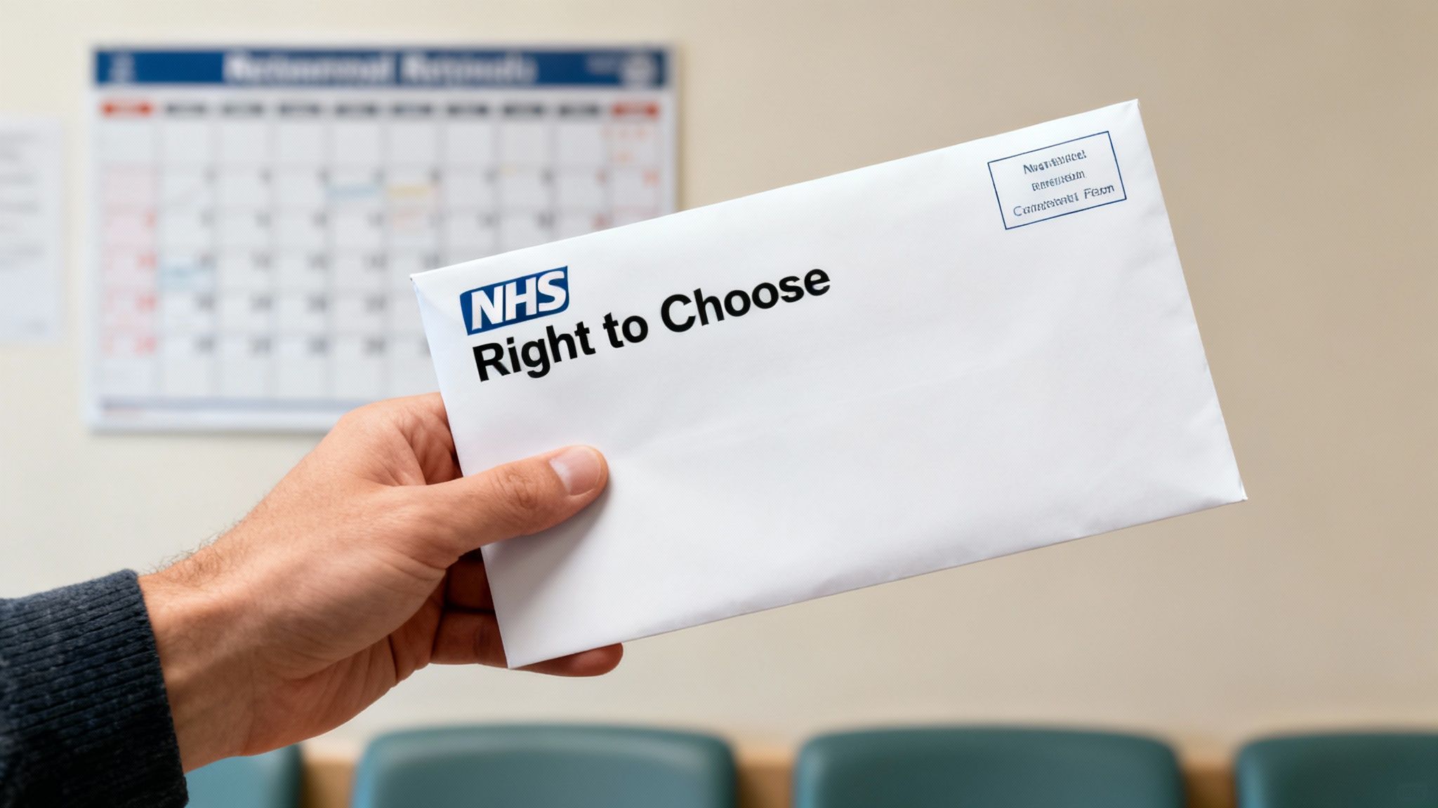 A person's hand holds a white envelope displaying 'NHS Right to Choose' in a medical environment.