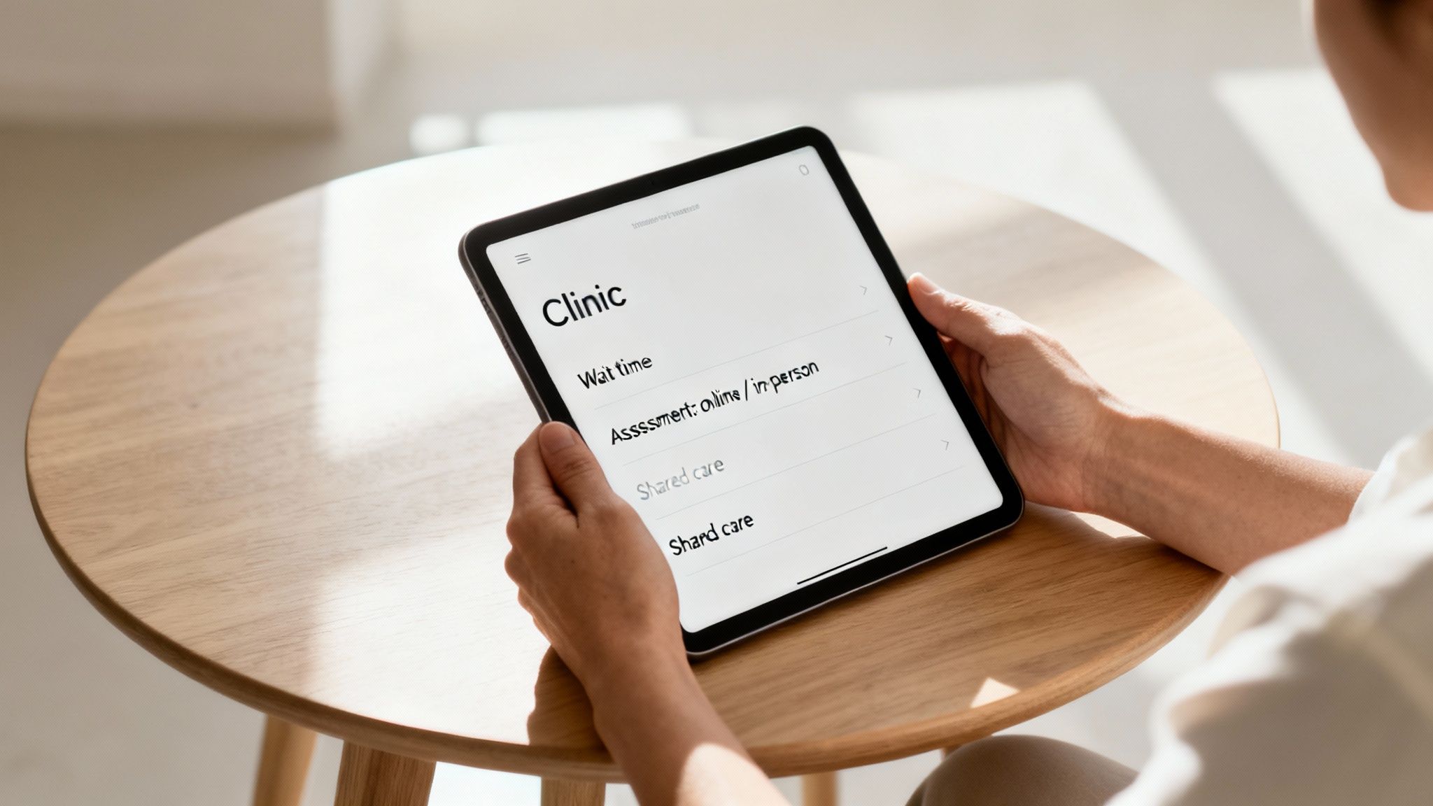 Person holding a tablet displaying a clinic app with options like wait time and online assessment.