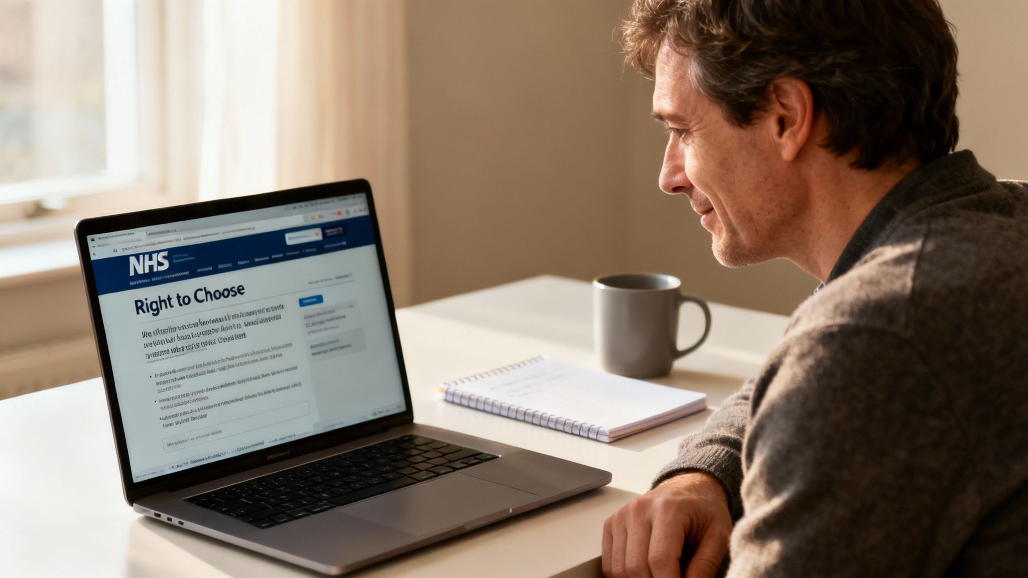 Mature man smiling while looking at a laptop showing the NHS Right to Choose page.