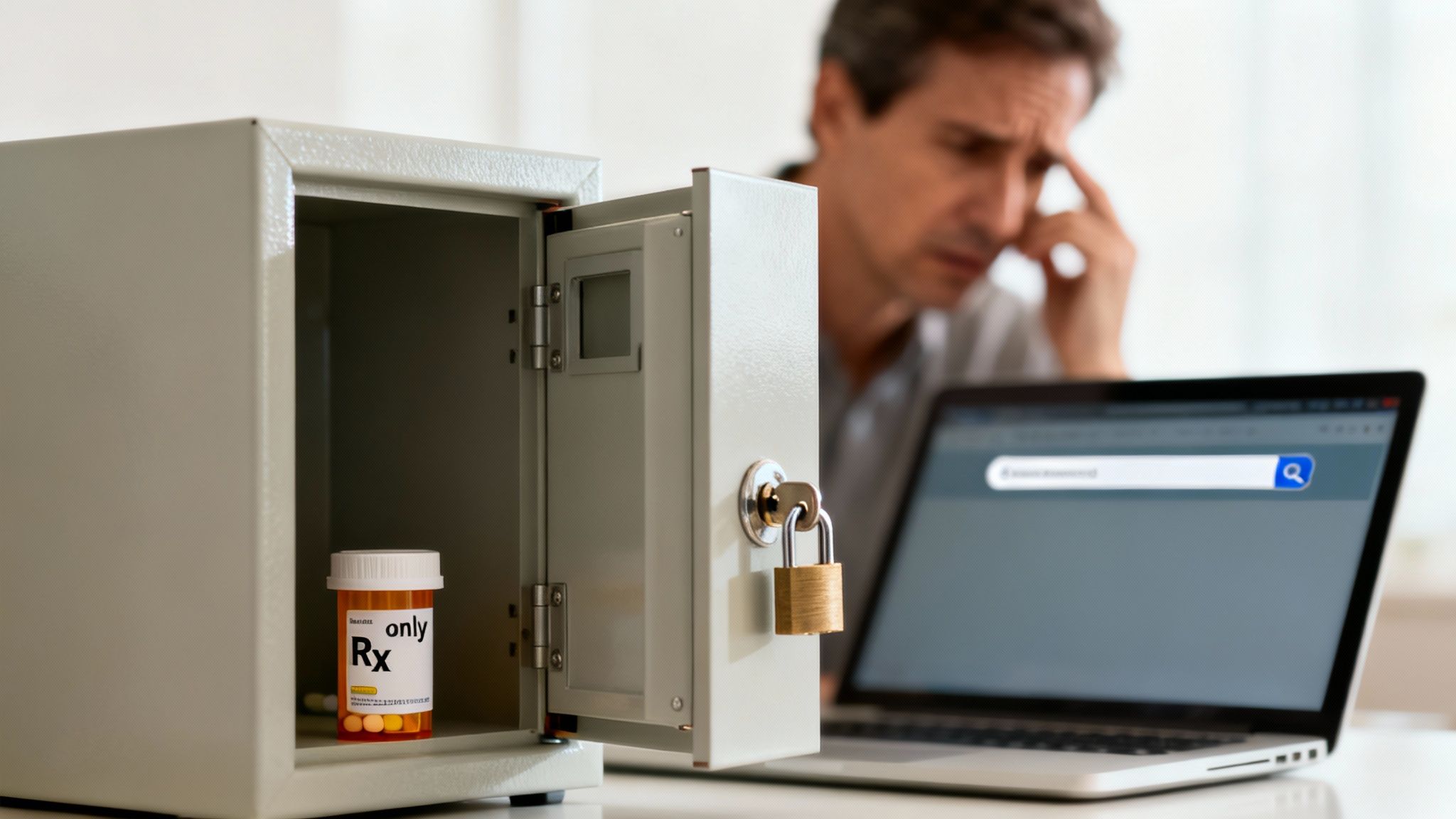 Worried man searches online, next to an open medicine safe with an 'Rx only' bottle.